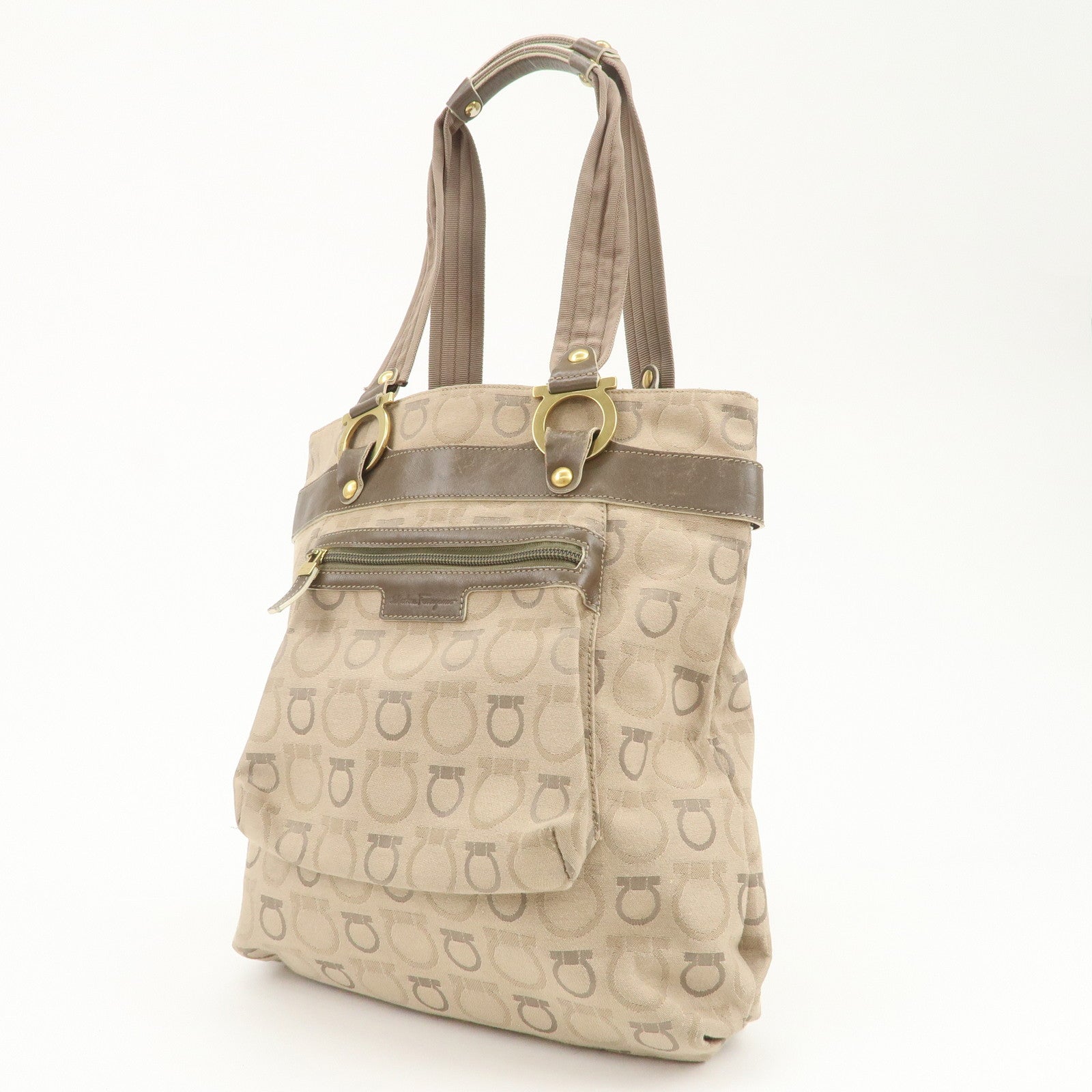 Ferragamo Gancini Canvas Leather Shoulder Bag Tote Bag Brown