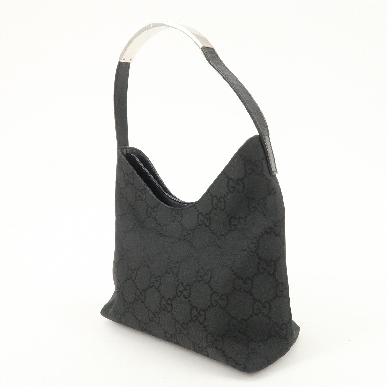 GUCCI GG Nylon Leather Shoulder Bag Hand Bag Silver HDW Black 31769 Used