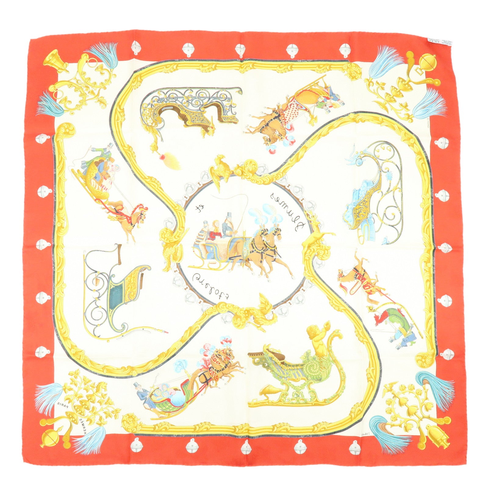 HERMES Carre 90 100% Silk Plumes et Grelots Scarf White Red