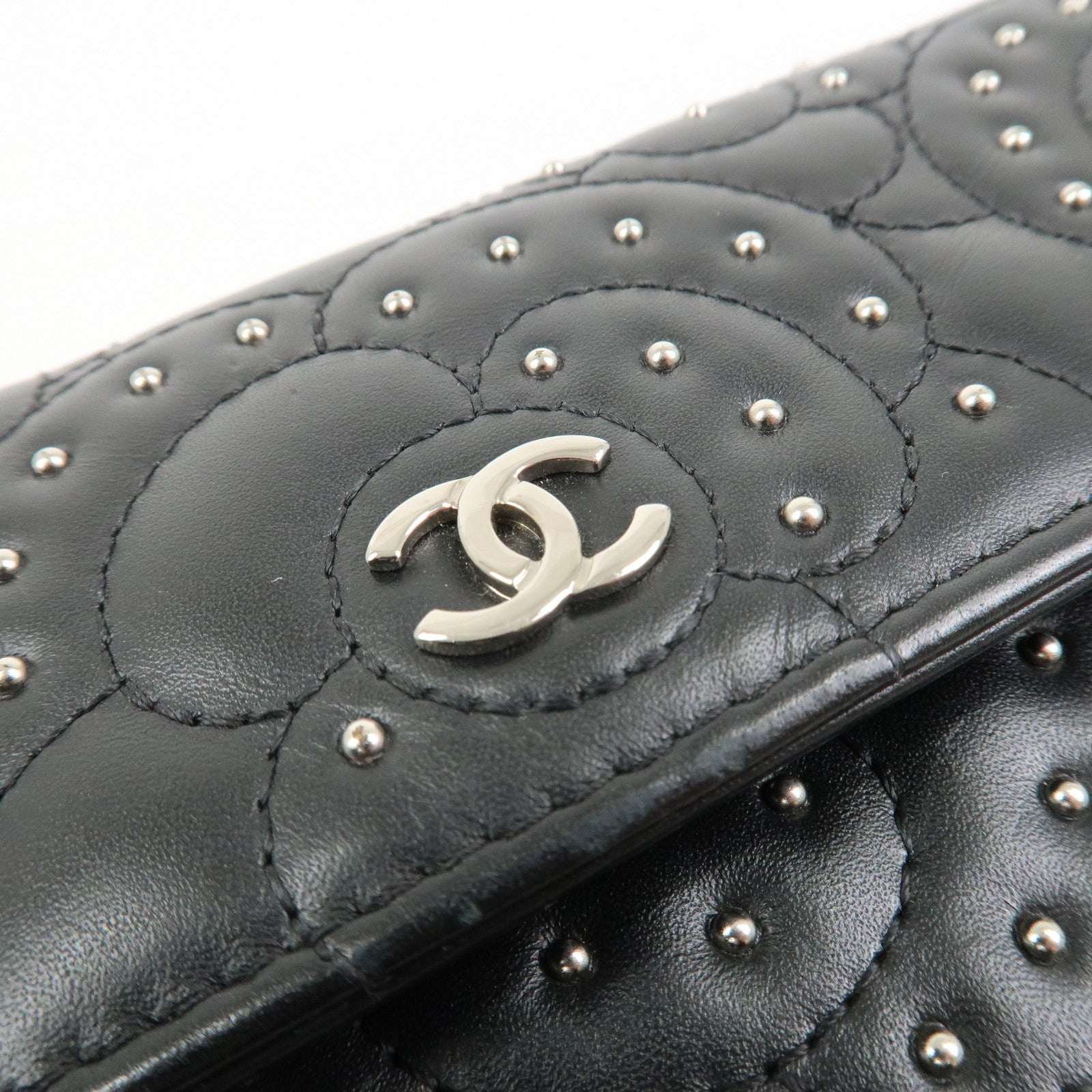 CHANEL Camellia Leather Long Wallet Black Silver Studs A82283