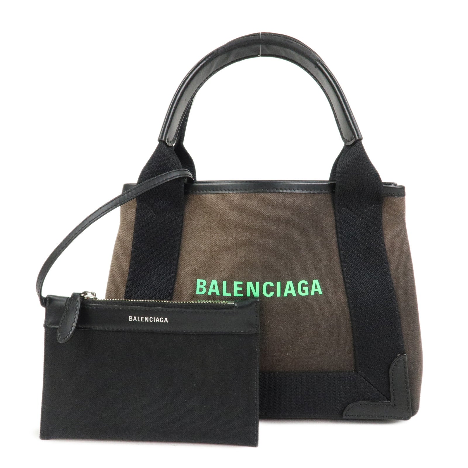 BALENCIAGA Canvas Leather Navy Cabas XS Hand Bag Brown 390346