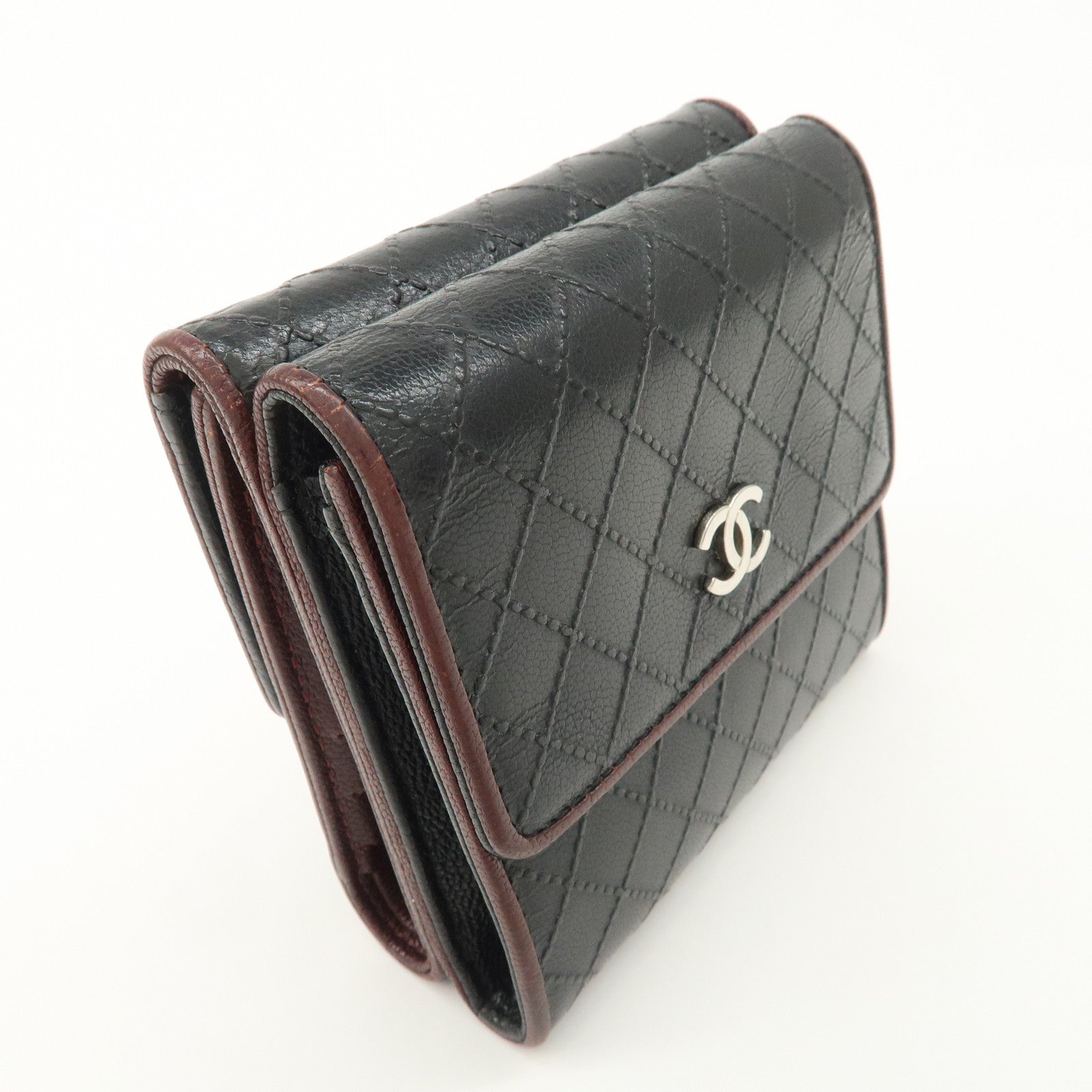 CHANEL Bicolore W Hook Leather Compact Wallet Black A33910 Used