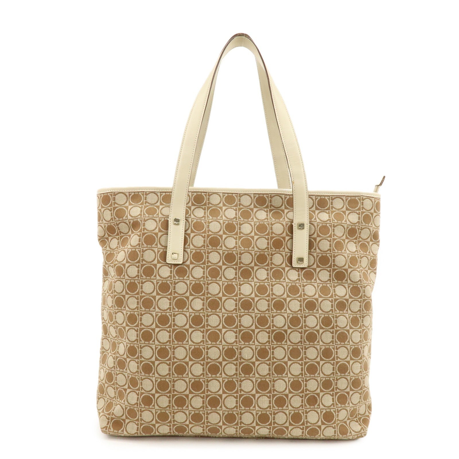 Ferragamo Gancini Canvas Leather Tote Bag Hand Bag Brown Beige