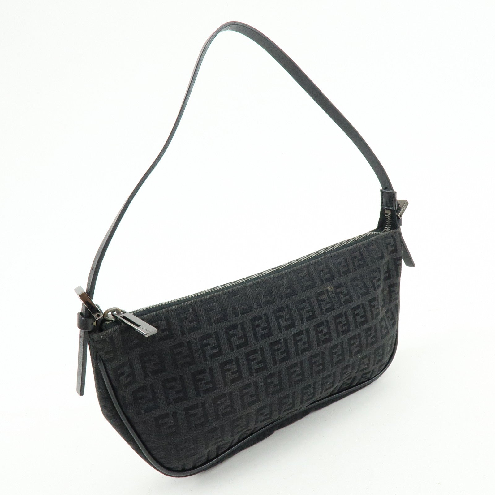 FENDI Zucchino Canvas Leather Shoulder Bag Hand Bag Black