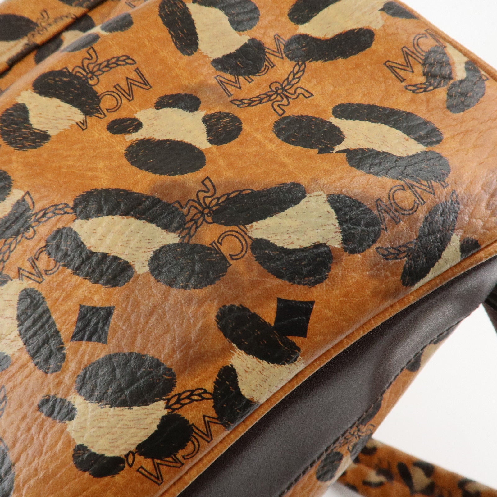 MCM Visetos Leather Leopard Back Pack Black Beige Brown Gold HDW Used