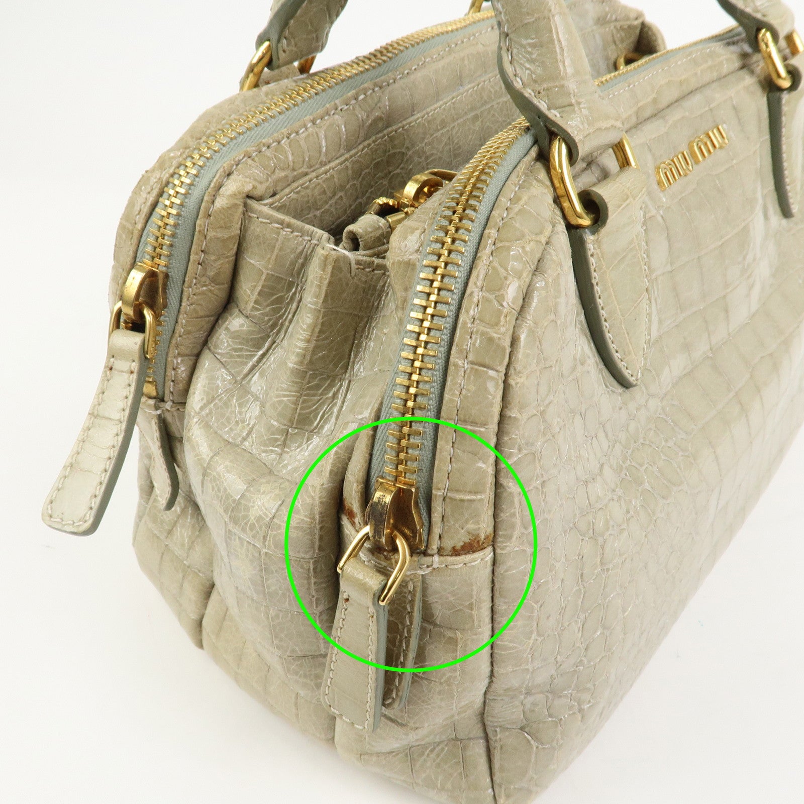 MIU MIU Logo Embossed Leather 2Way Bag Hand Bag Shoulder Bag Beige