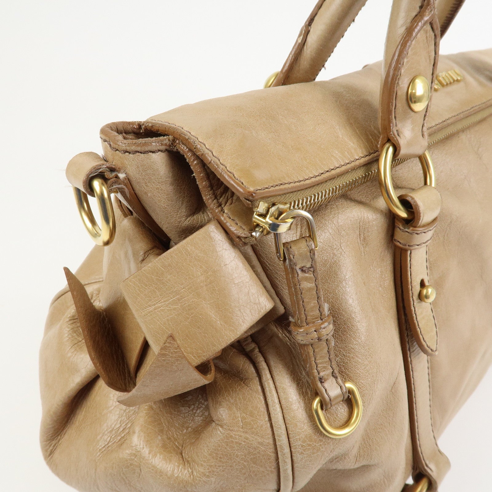 MIU MIU Side Ribbon Leather 2Way Hand Shoulder Bag Brown RT0438