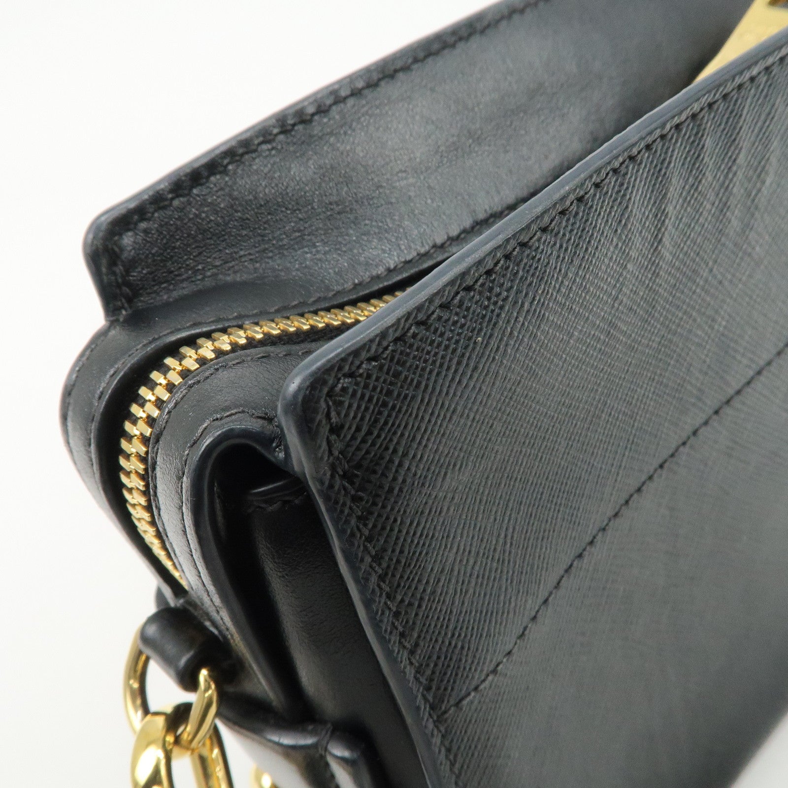 PRADA Logo Saffiano Leather Shoulder Bag Gold HDW Black