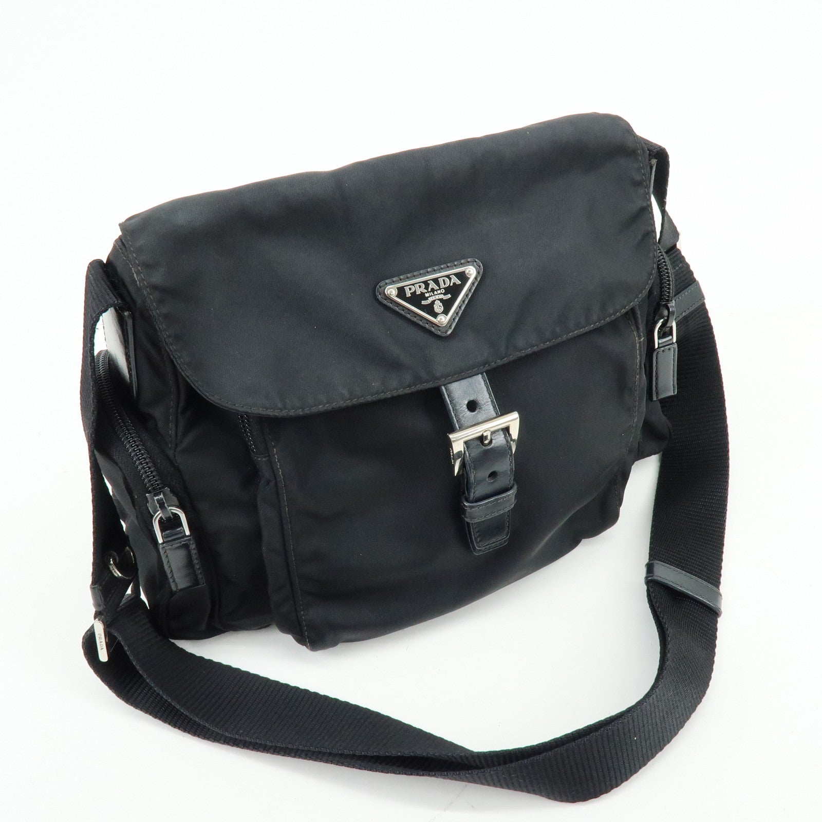 PRADA Triangle Logo Nylon Leather Shoulder Bag Crossbody Bag Black