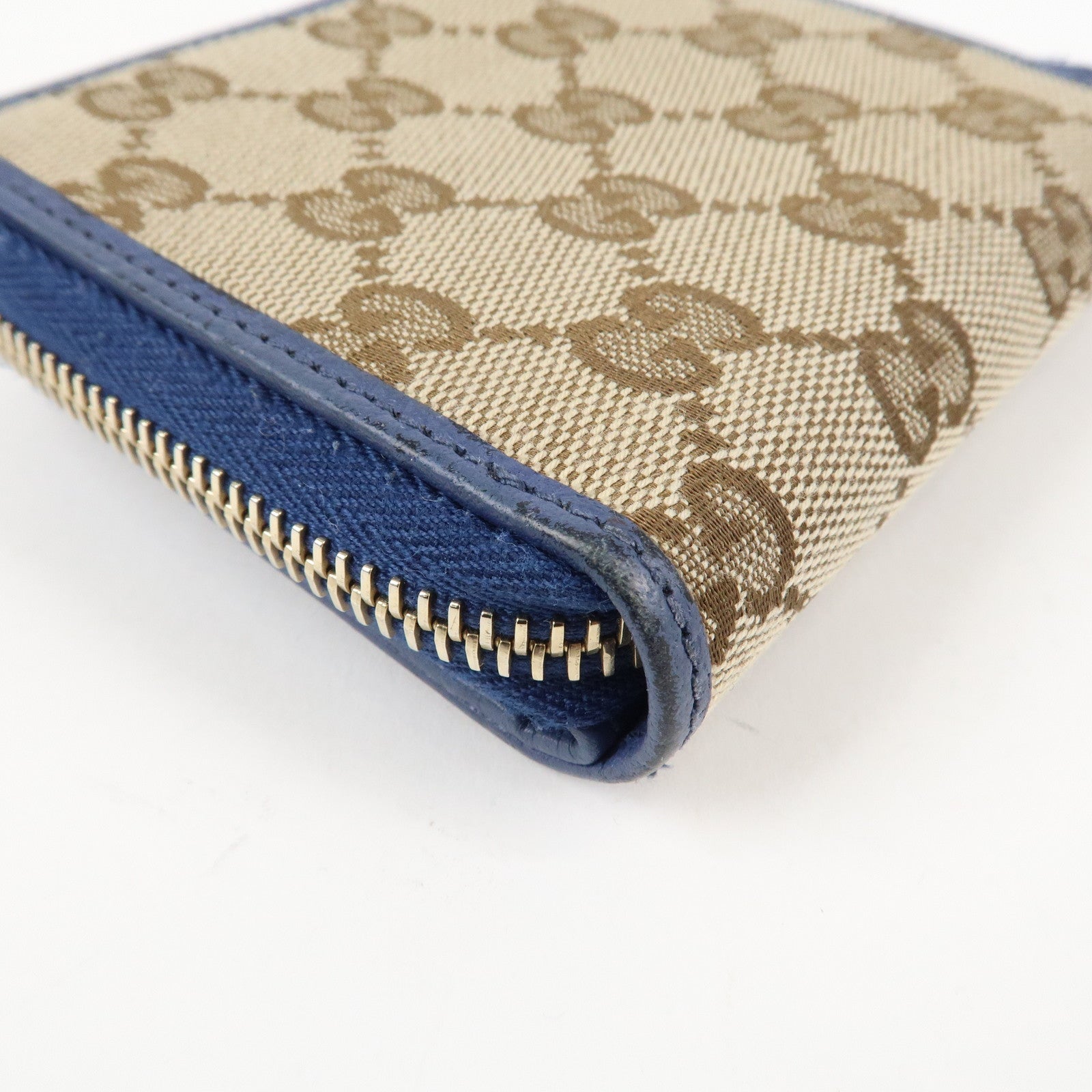 GUCCI GG Canvas Leather Bi-Fold Wallet Beige Blue 346056 Used