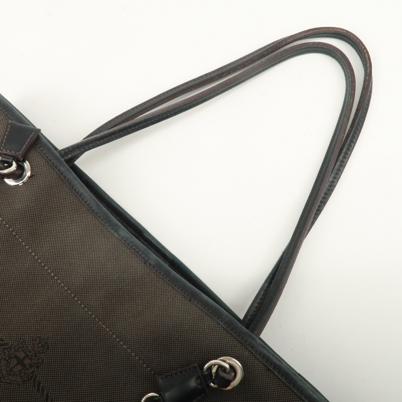 PRADA Logo Jacquard Leather Tote Bag Shoulder Bag Dark Brown
