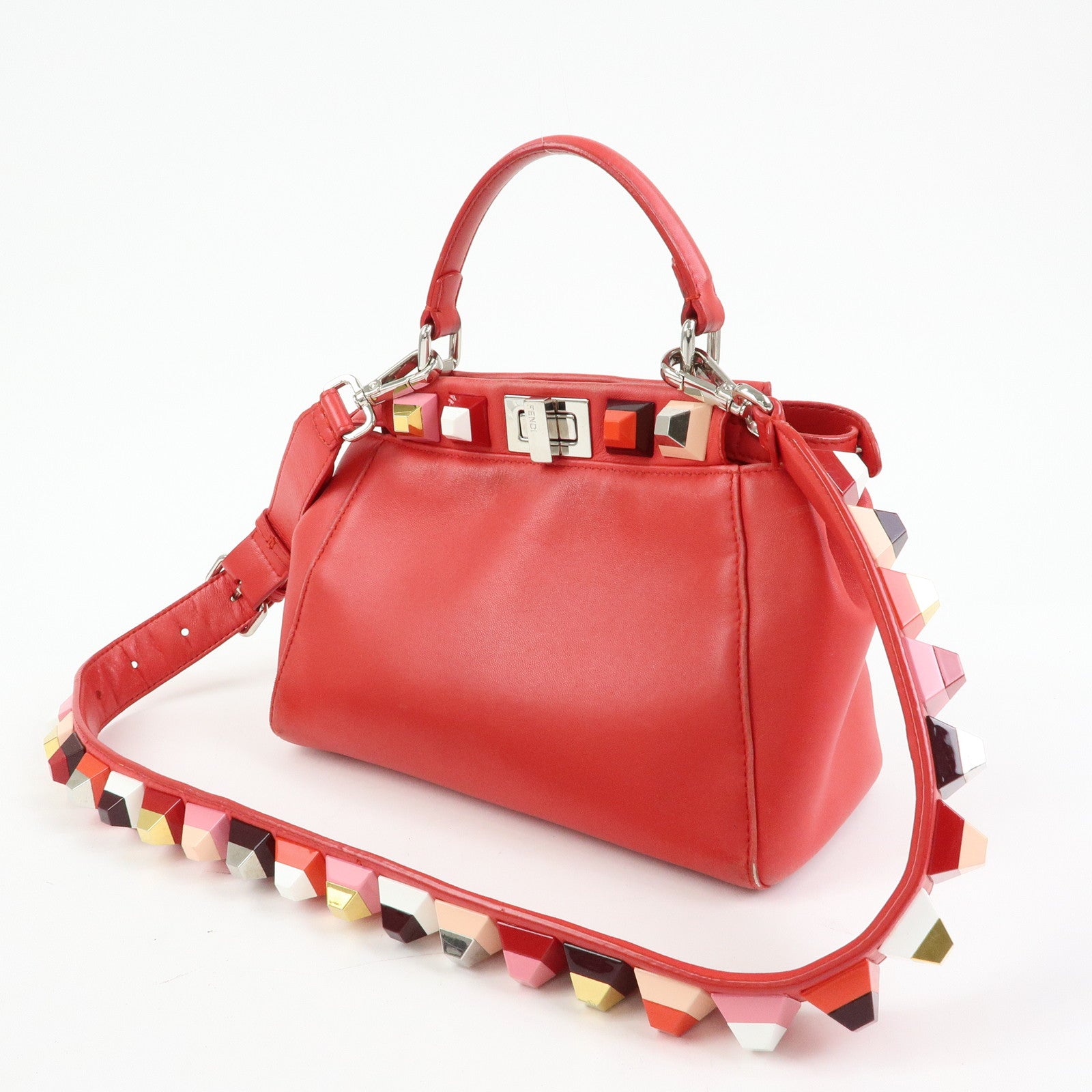 FENDI Peekaboo Mini Leather 2Way Shoulder Bag Hand Bag Red 8BN244