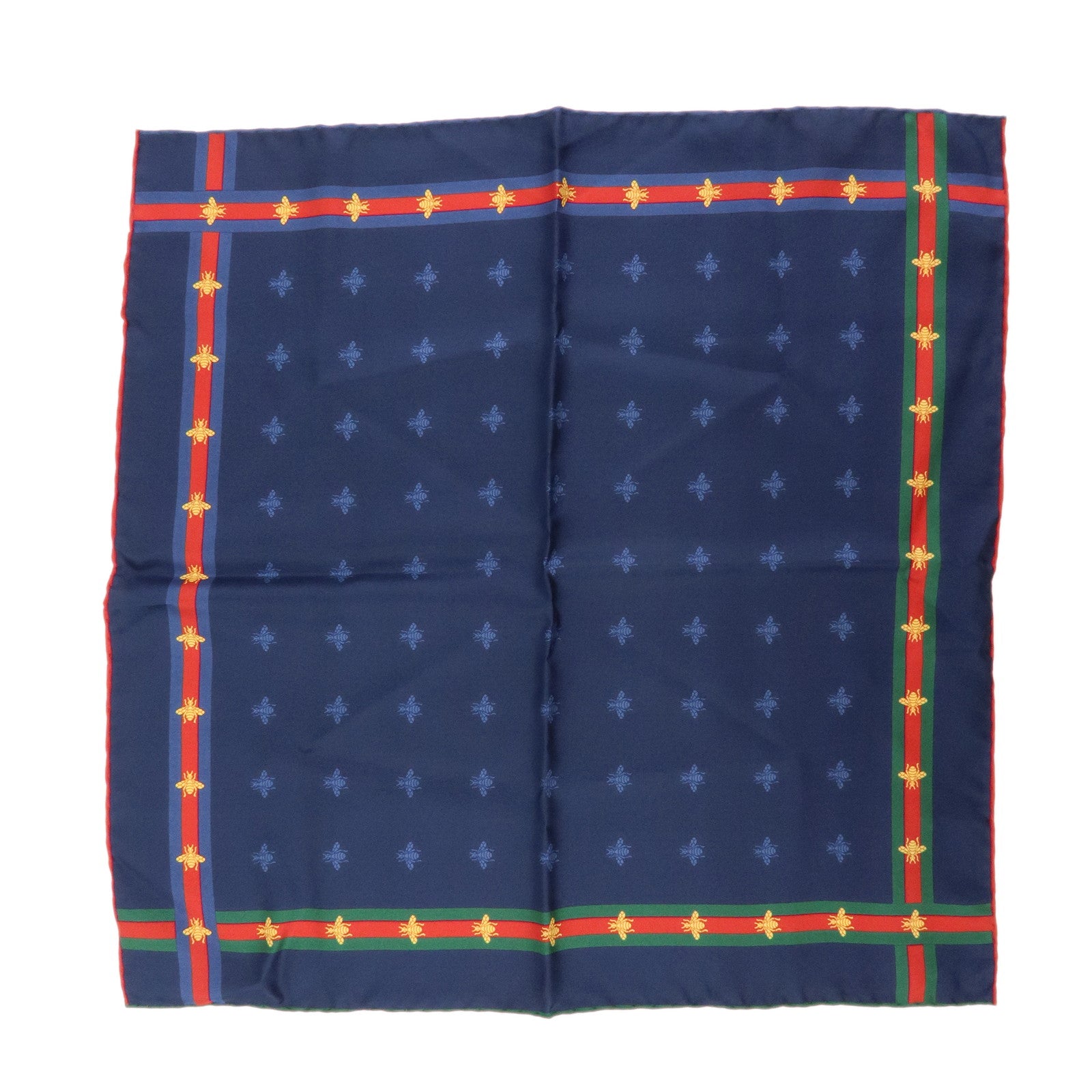 GUCCI Silk 100% Scarf 42x42 Bee Motif Navy