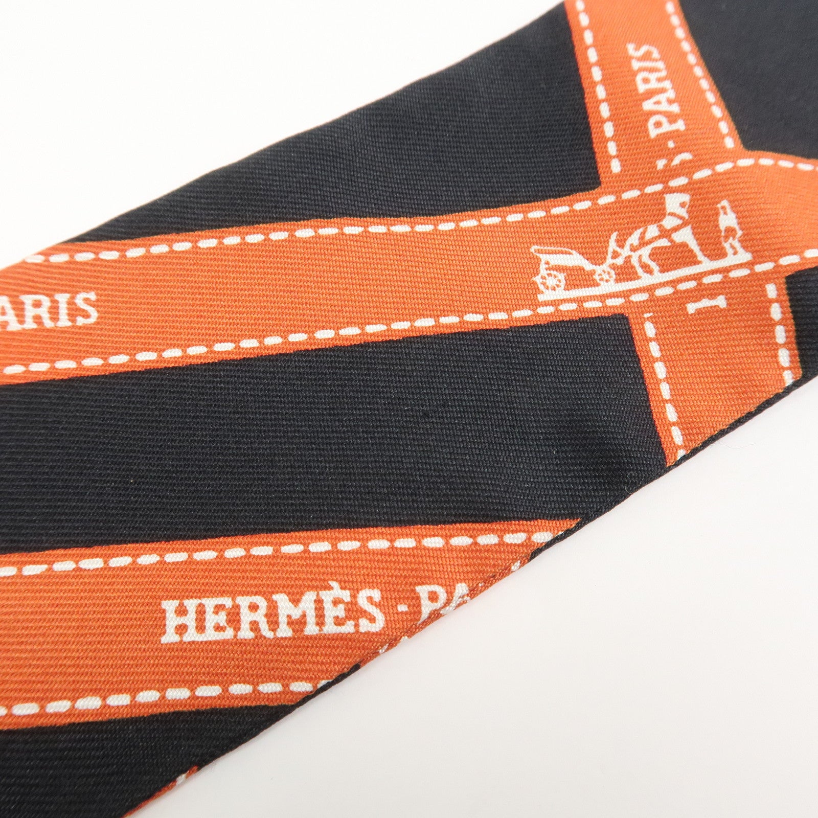 HERMES Twilly Silk 100% Bolduc Scarf Black Orange