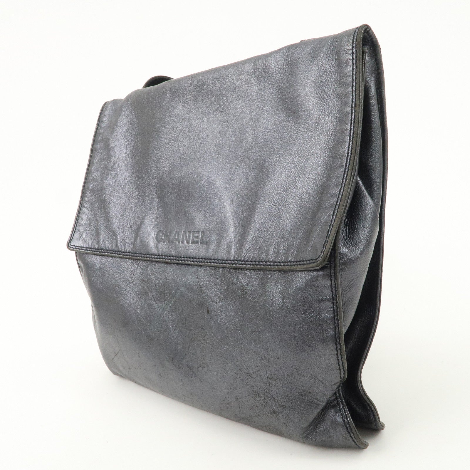 CHANEL Leather Shoulder Bag Crossbody Bag Metallic Blue
