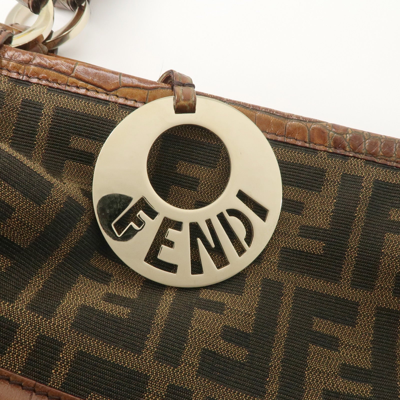 FENDI Zucca Gathered Canvas Leather Shoulder Bag Tote Bag 8BH186