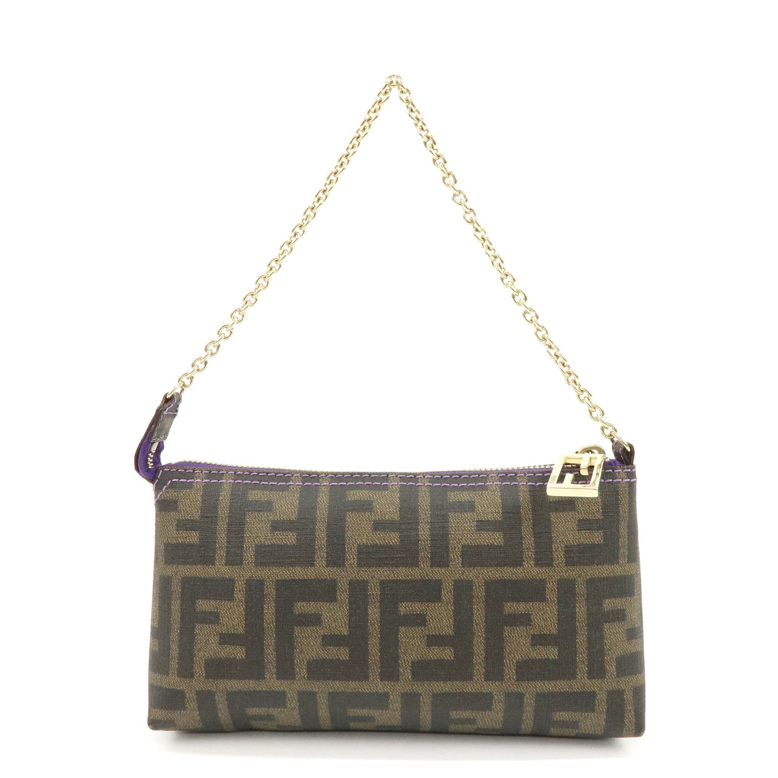 FENDI Zucca Print PVC Chain Accessory Pouch Brown Purple 8BR592