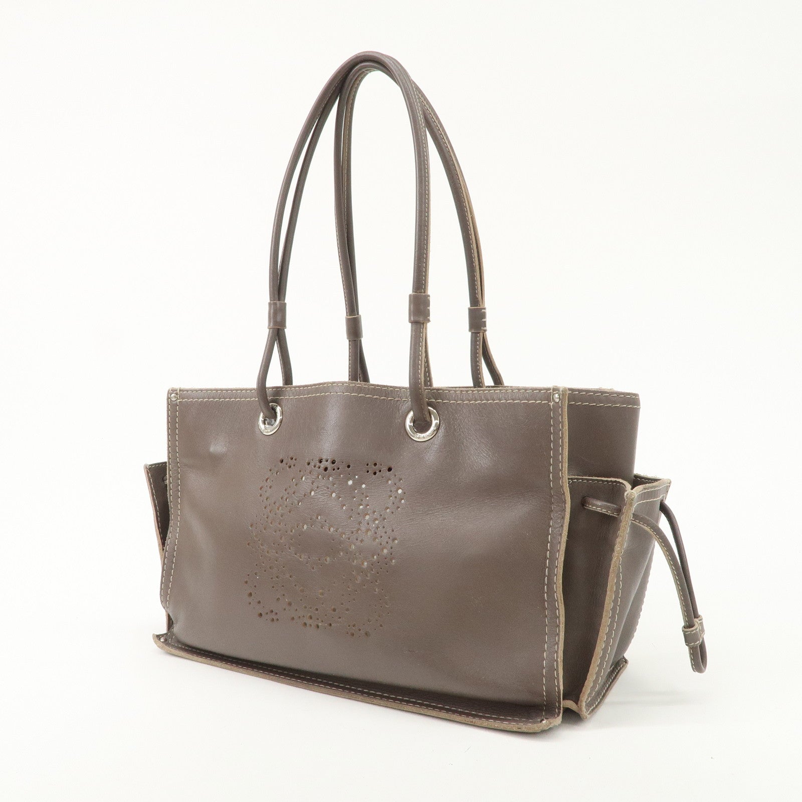 LOEWE Anagram Leather Shopper Tote Bag Shoulder Bag Brown Used