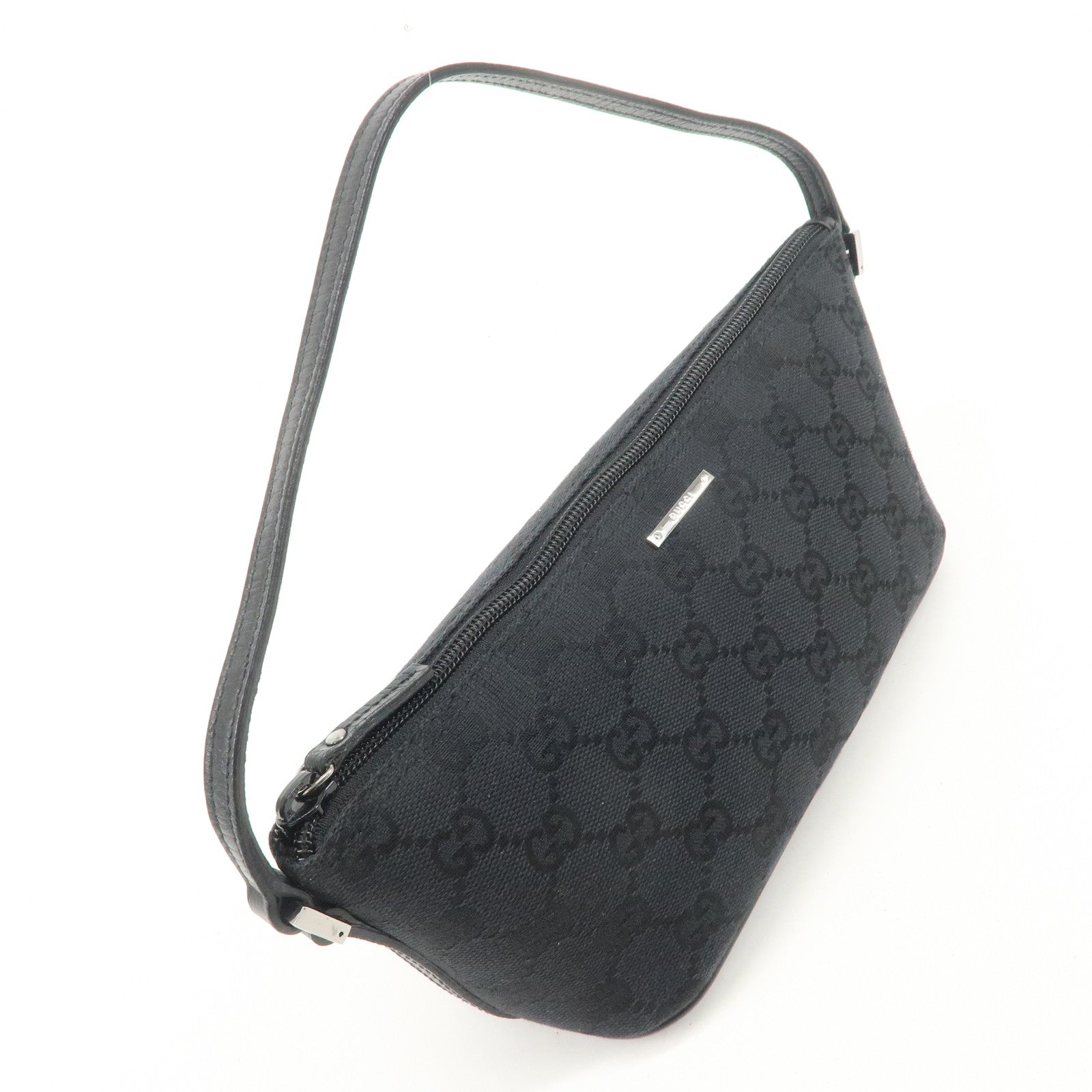 GUCCI Boat Bag GG Canvas Leather Hand Bag Black 07198 Used