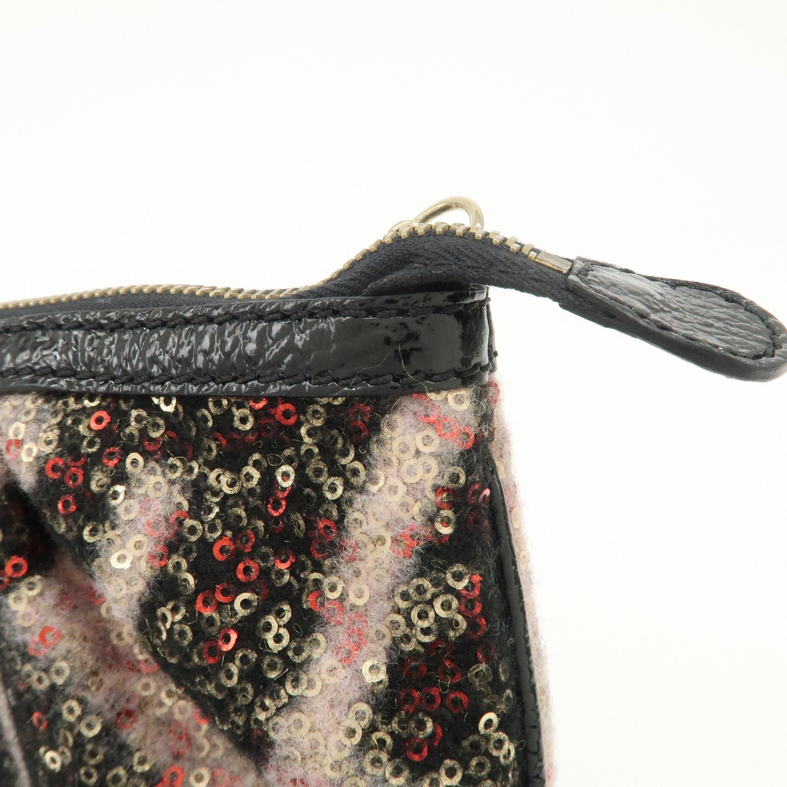 FENDI Wool Flip Sequin Leather Chain Bag Pouch Black Pink 8BR594
