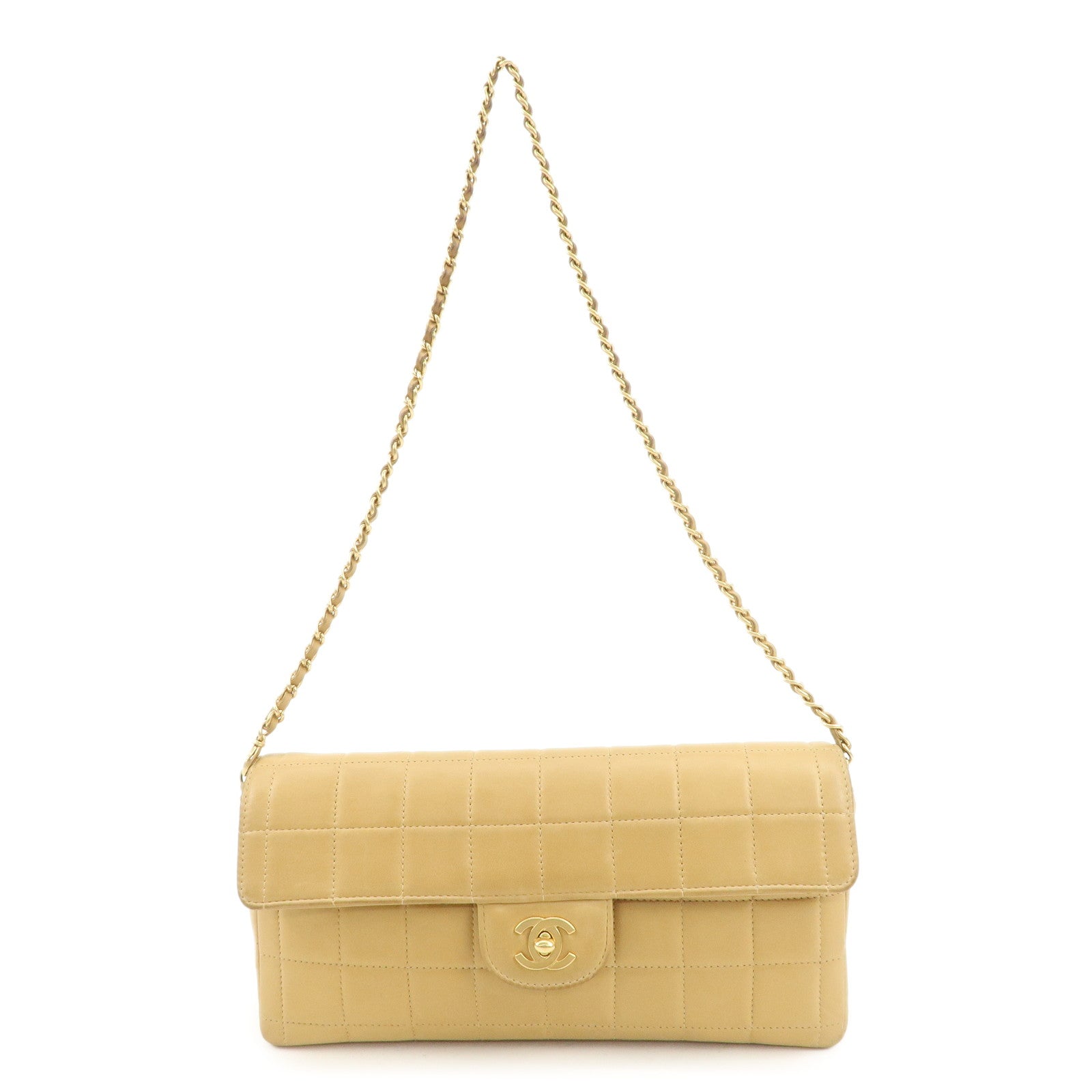 CHANEL Chocolate Bar Lamb Skin Chain Shoulder Bag Beige Gold Used