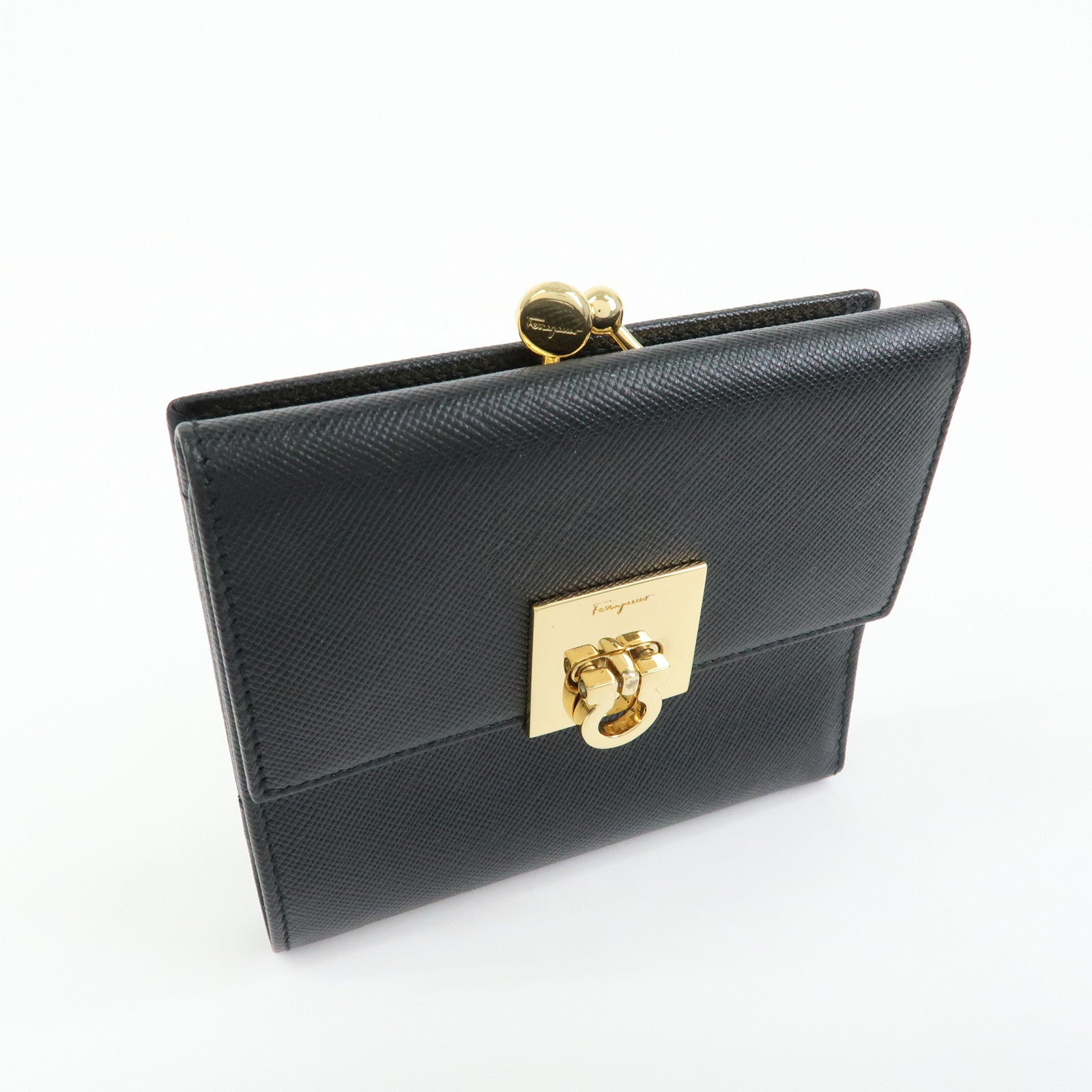 Ferragamo Gancini Leather Bi-Fold Compact Wallet Black