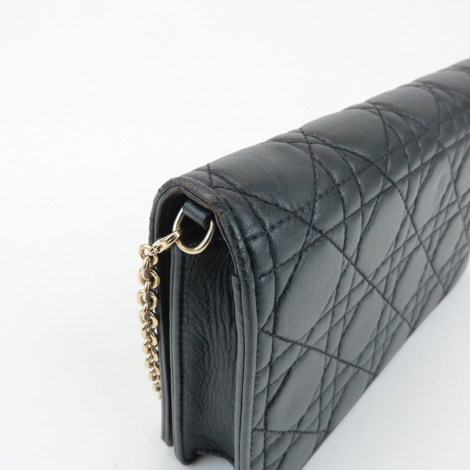 Christian Dior Cannage Leather Chain Shoulder Bag Black Gold Charm