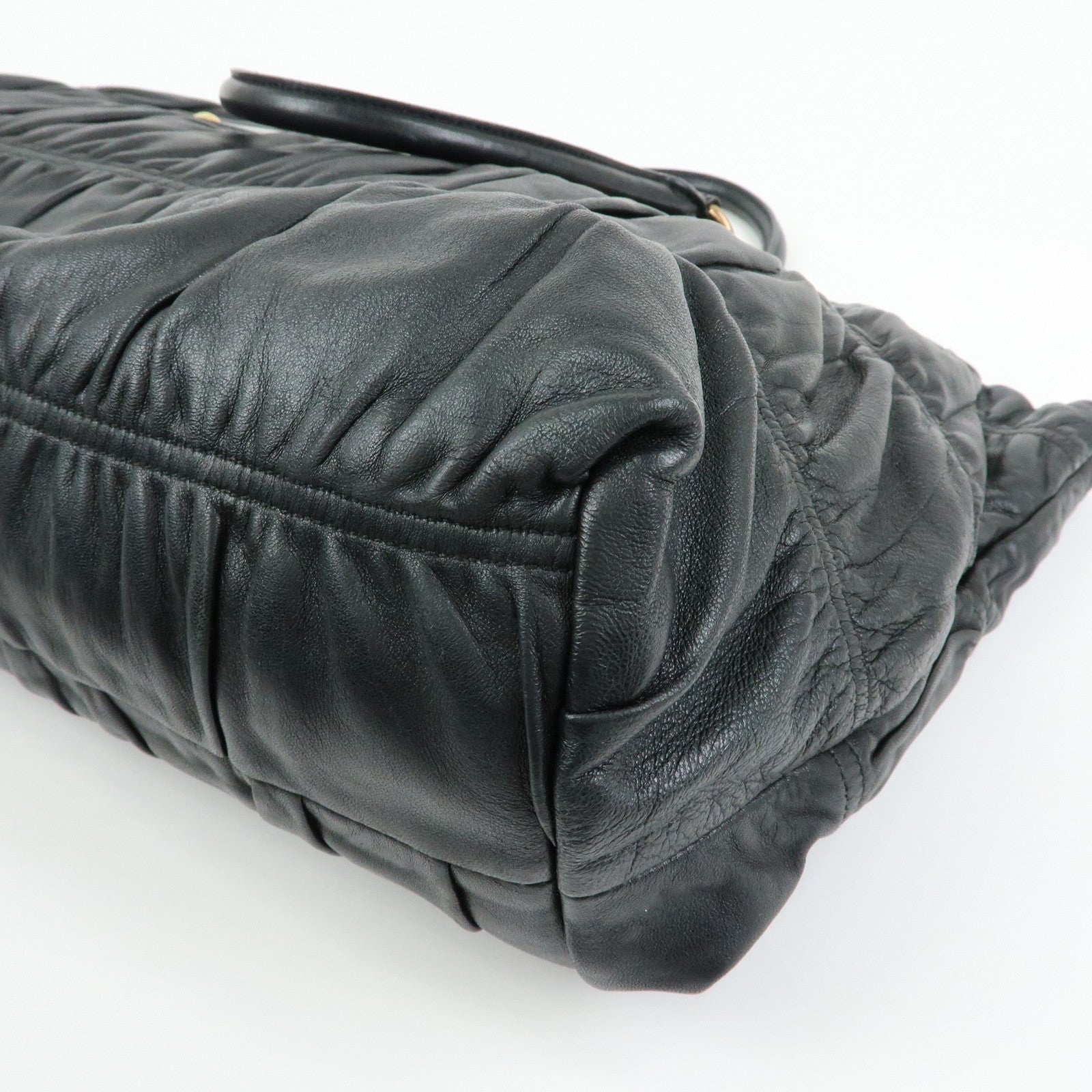 PRADA Logo Leather Gathered Tote Bag Hand Bag Black