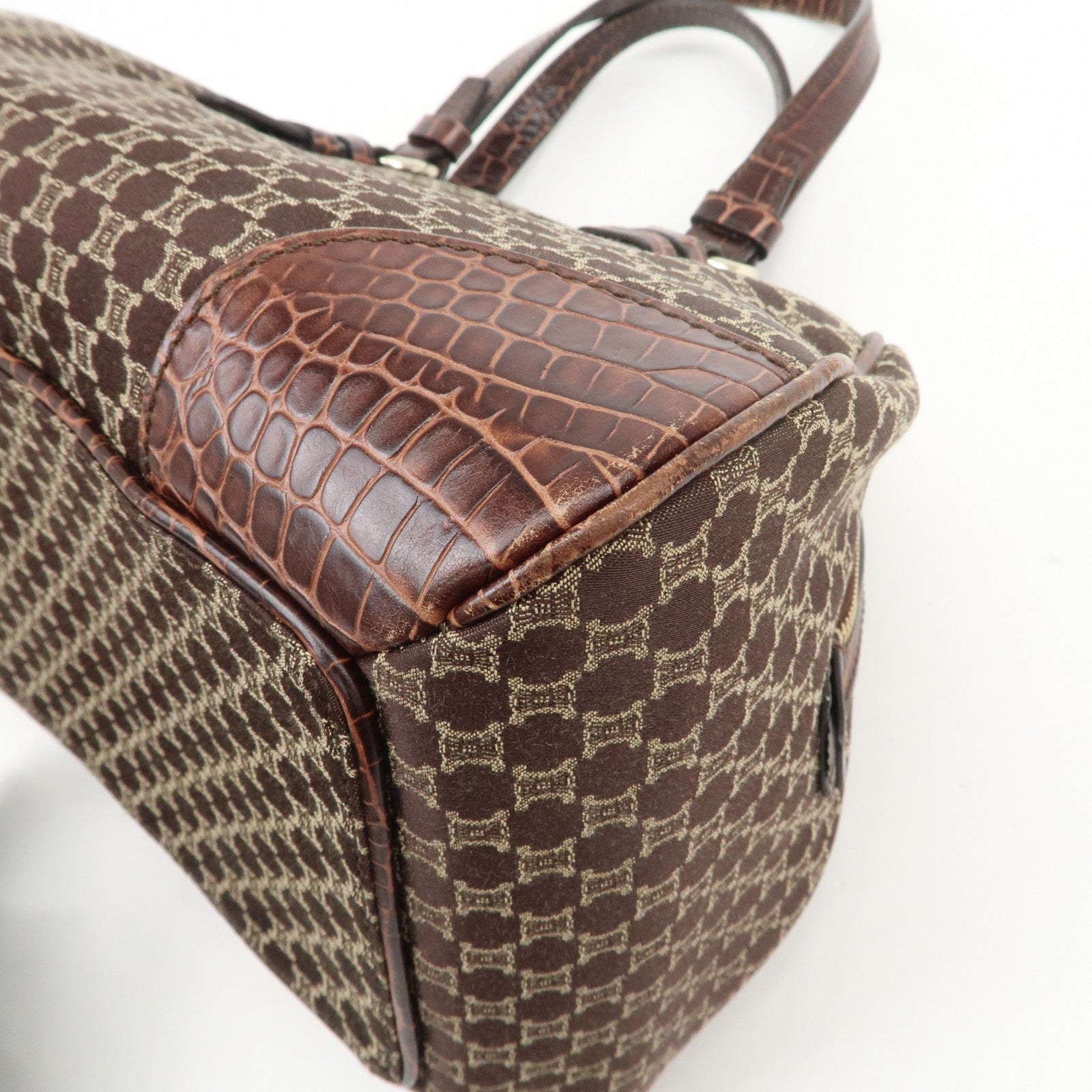 CELINE Macadam Canvas Embossed Leather Hand Bag Shoulder Bag Brown