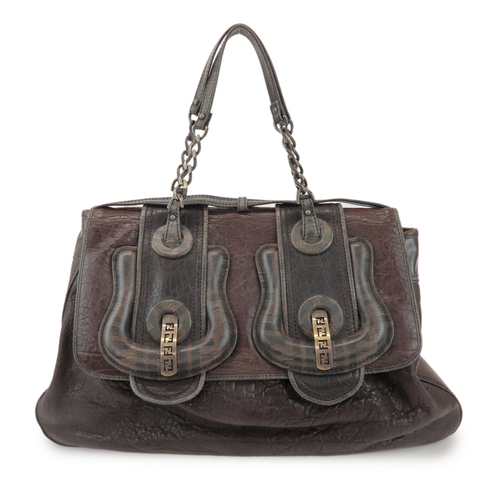 FENDI Zucca Leather PVC Coated Canvas B Bag Boston Bag Brown 8BN166