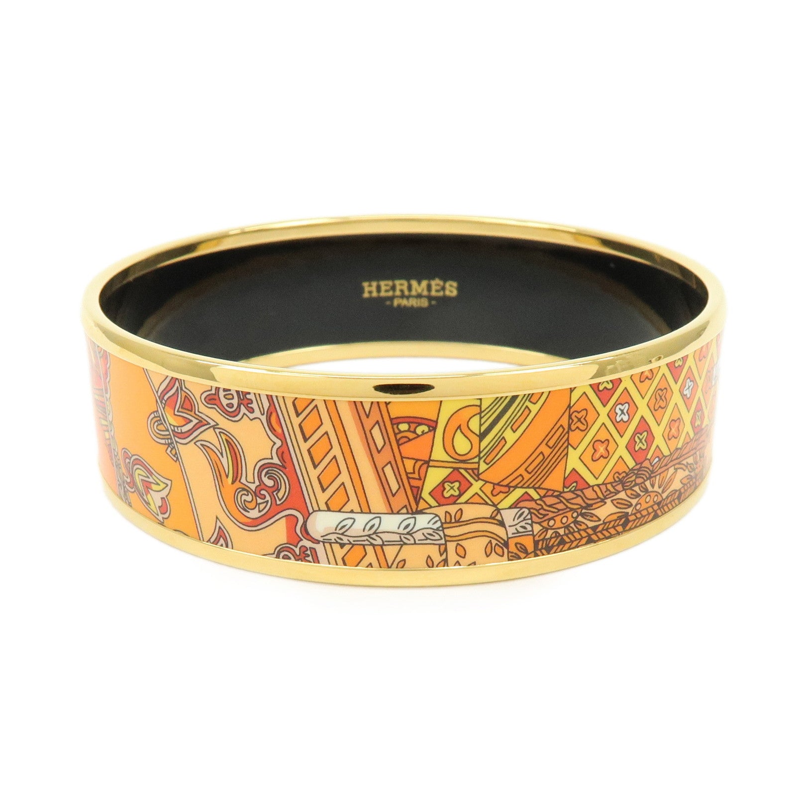 HERMES Gold Plated Email GM Bangle Bracelet Orange Gold