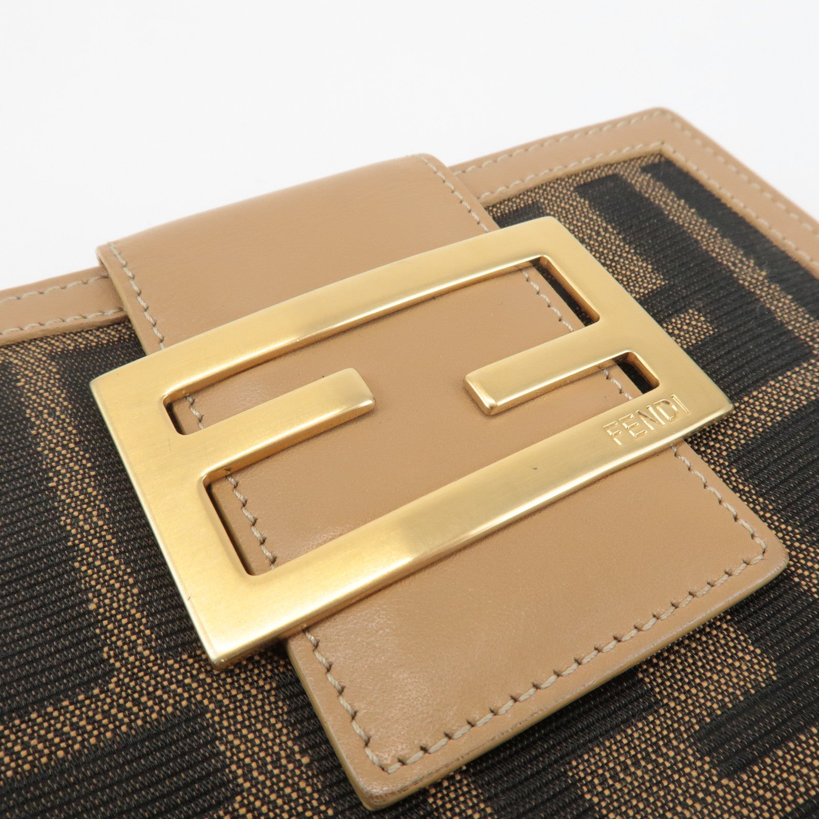 FENDI Zucca Leather Canvas Double Hook Bi Fold Wallet Beige 8M0035 Used