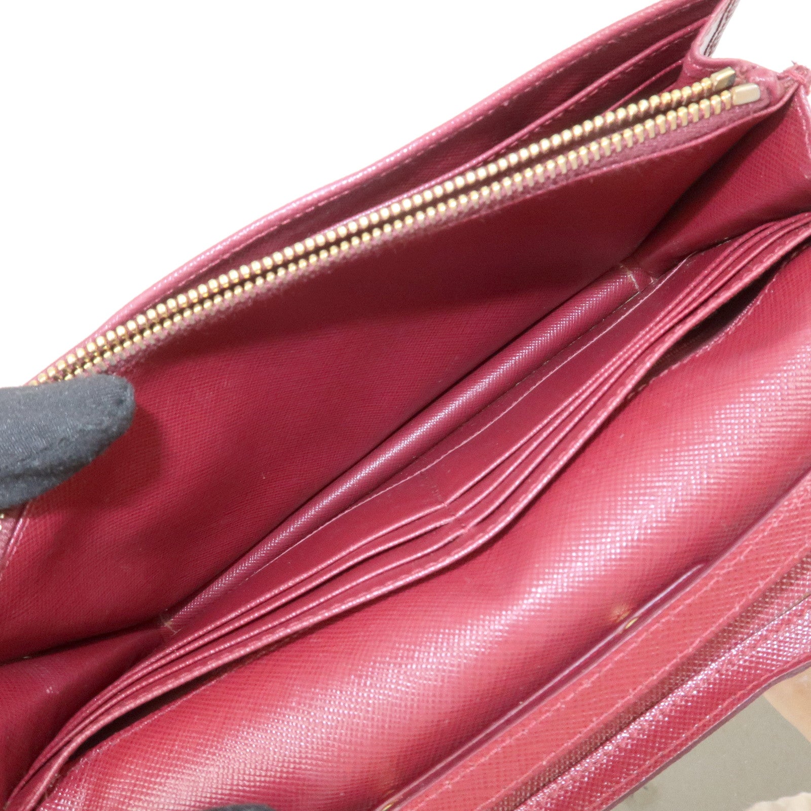 PRADA Saffiano Leather Shoulder Wallet Red Gold BT1019