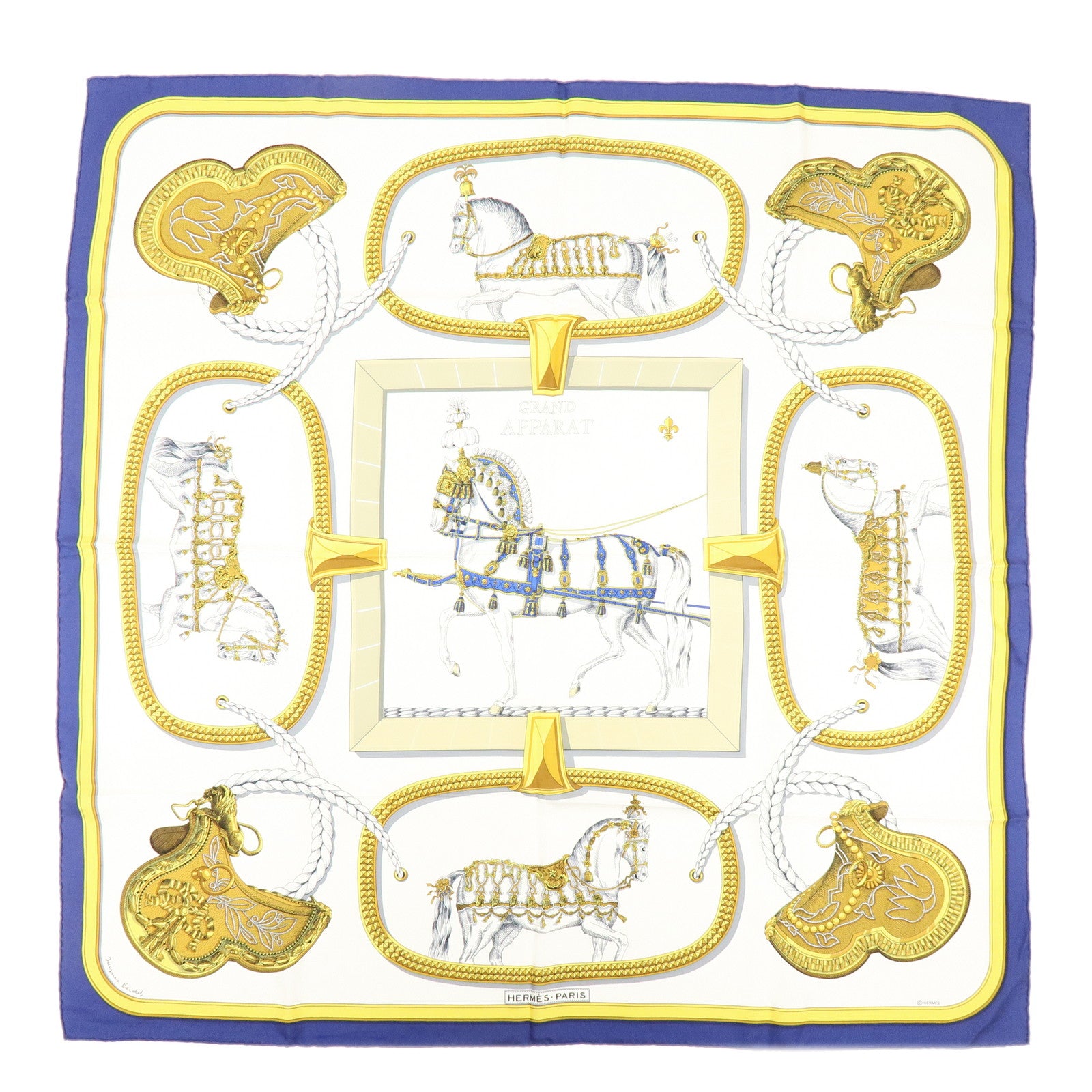 HERMES Carre 90 Silk 100% Scarf GRAND APPARAT Navy White Gold