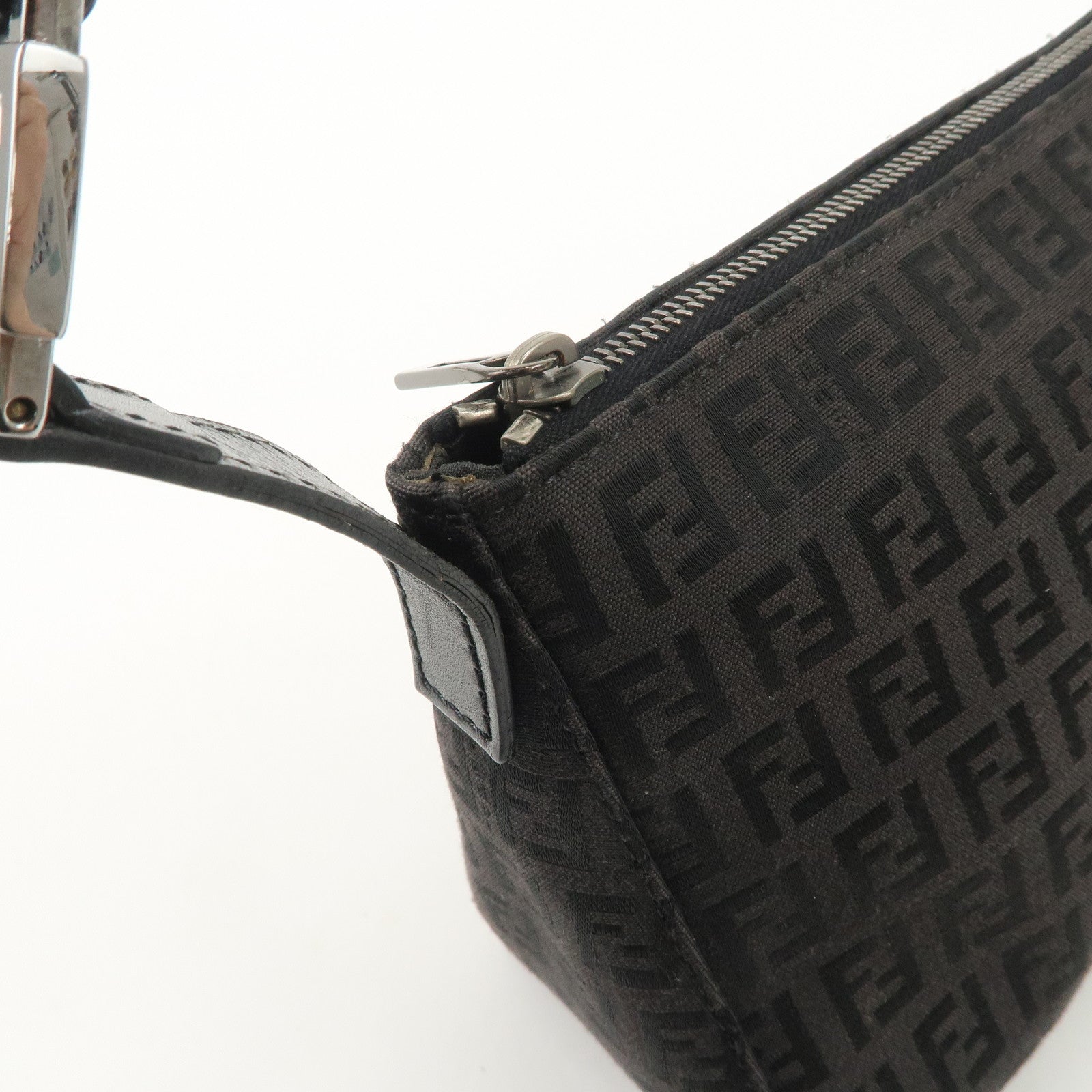 FENDI Zucchino Canvas Leather Shoulder Bag Black Brown 8BR444 Used