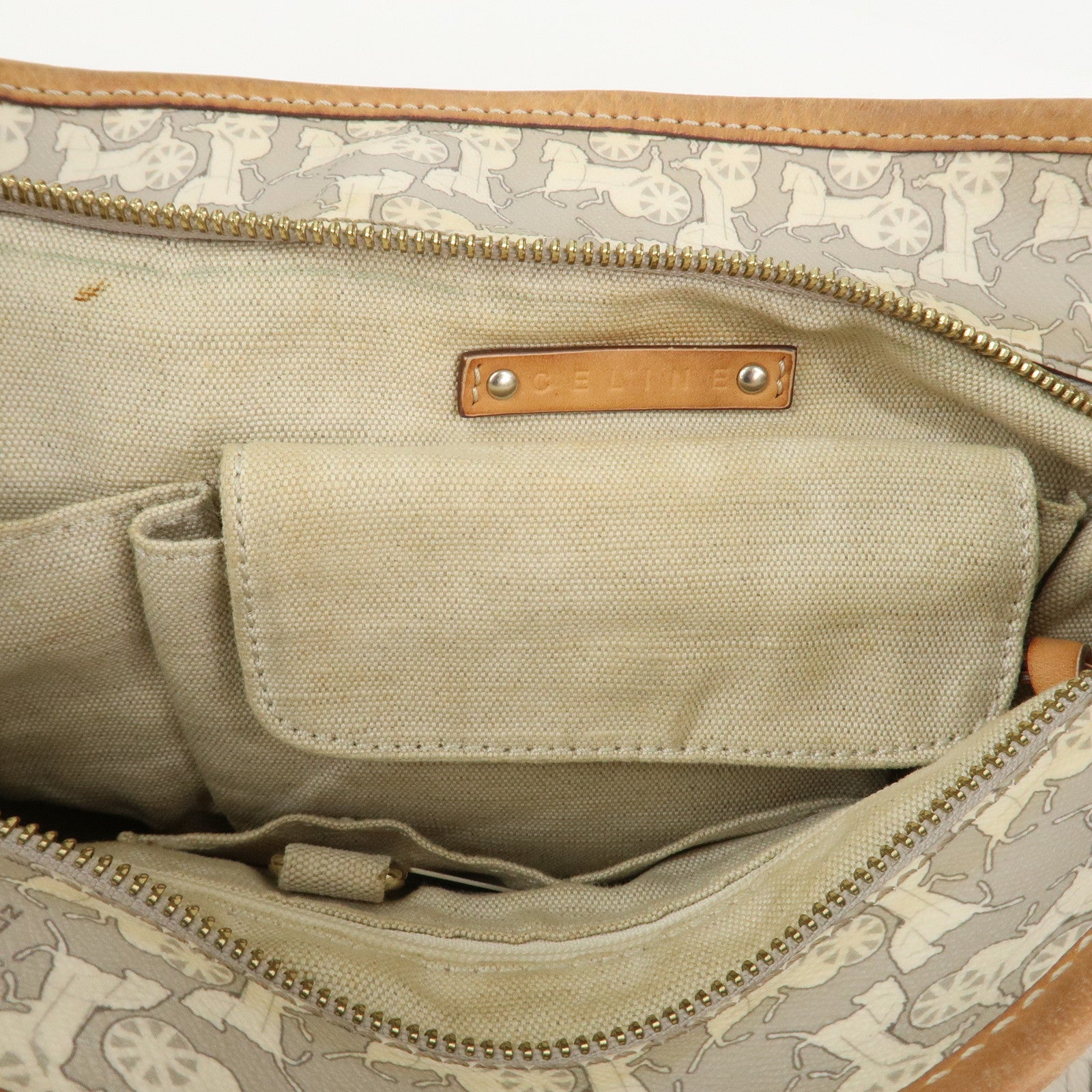 CELINE Logo Leather Hand Bag Shoulder Bag Gray Light Brown