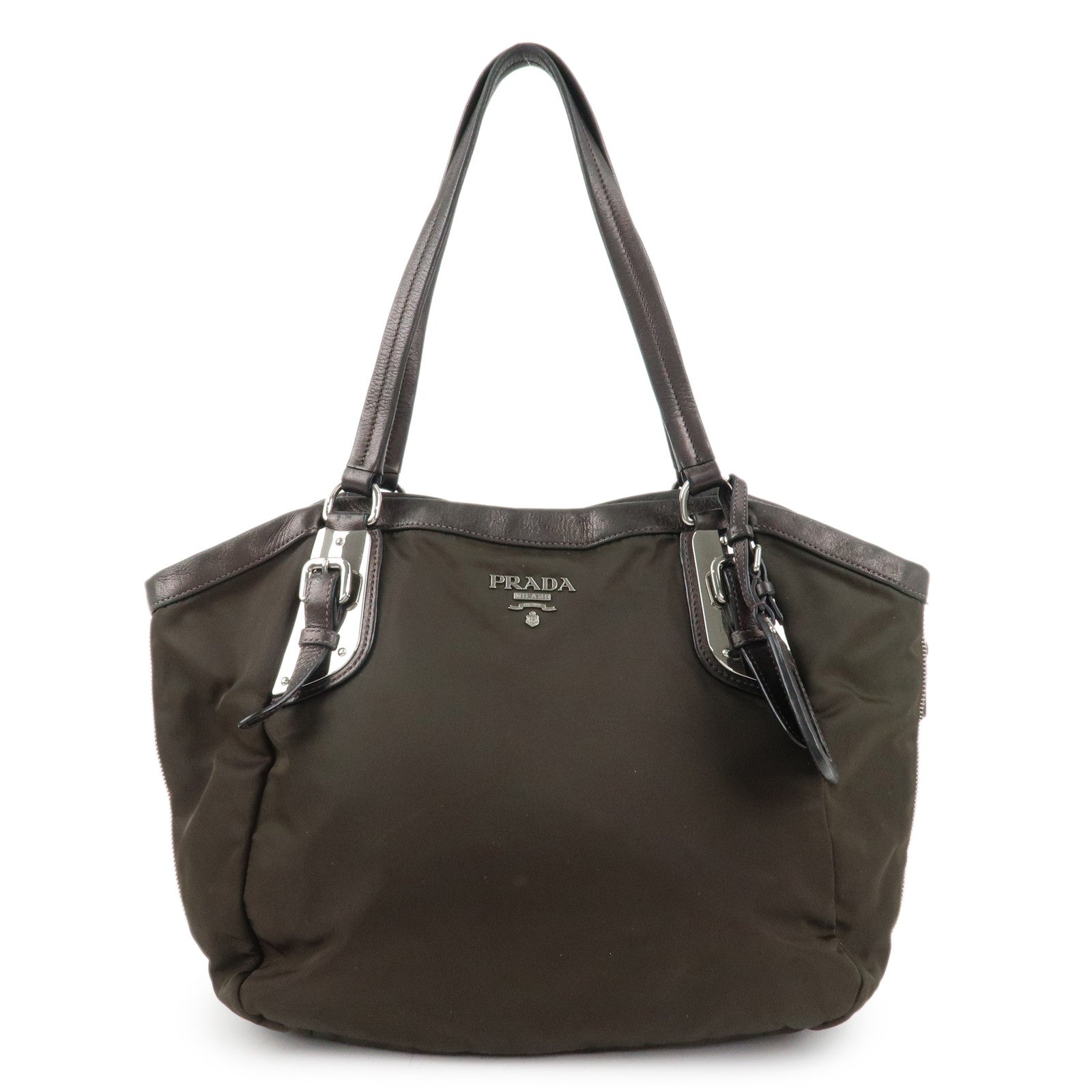 PRADA Logo Nylon Leather Tote Bag Shoulder Bag Khaki Metallic Brown Used
