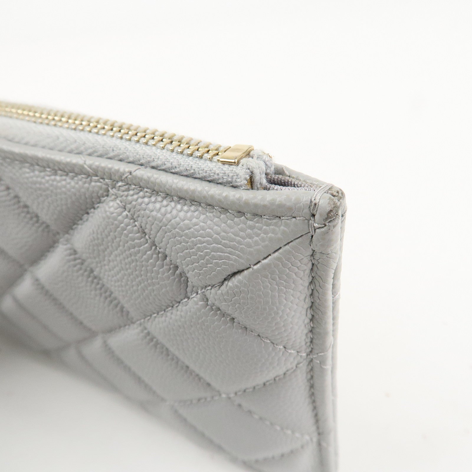 CHANEL Matelasse Caviar Skin Coco Mark Classic Pouch Card Case Gray Used