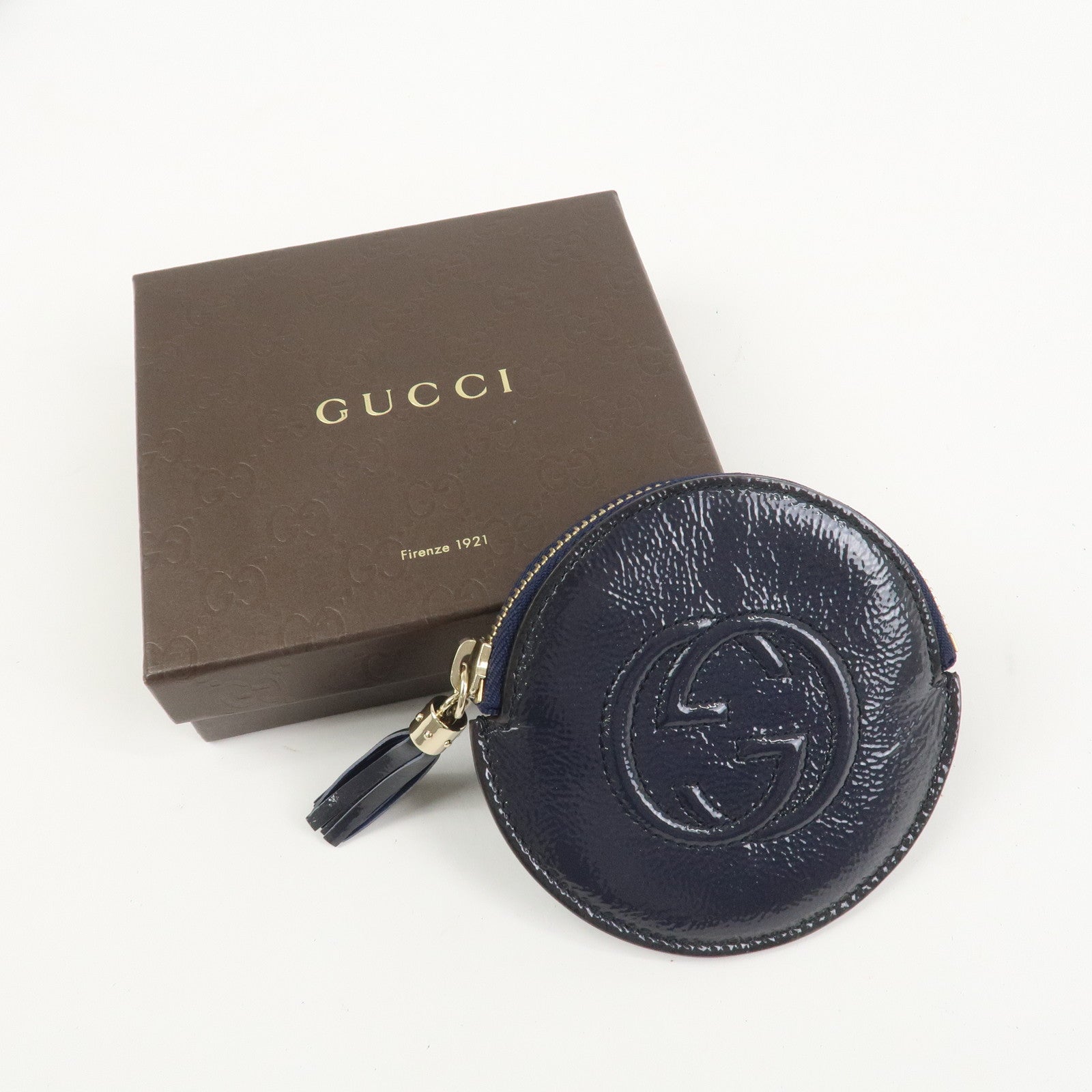 GUCCI Interlocking G Patent Leather Coin Case Navy 337946
