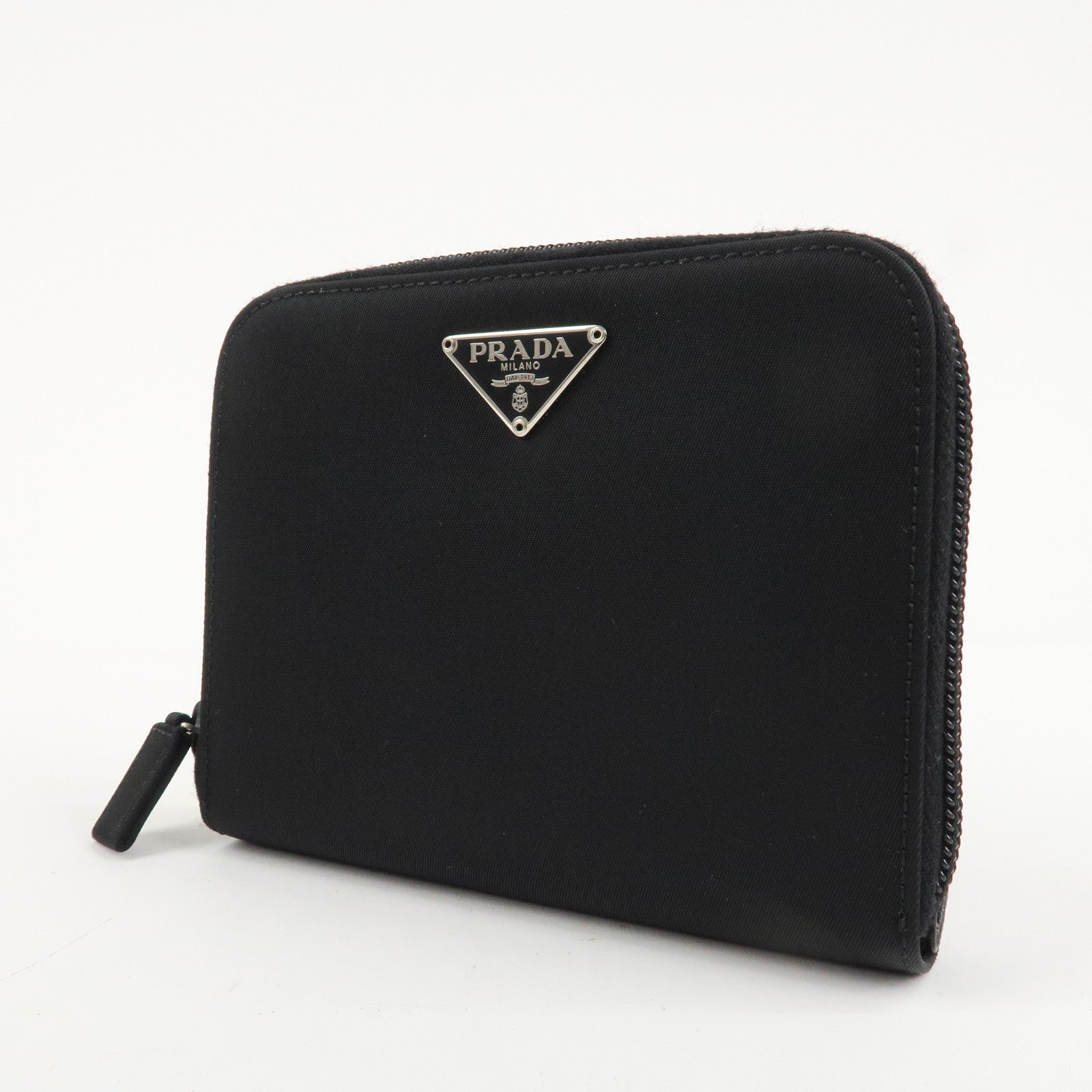 PRADA Nylon Saffiano Leather Bi-fold Round zippy Wallet Black Used