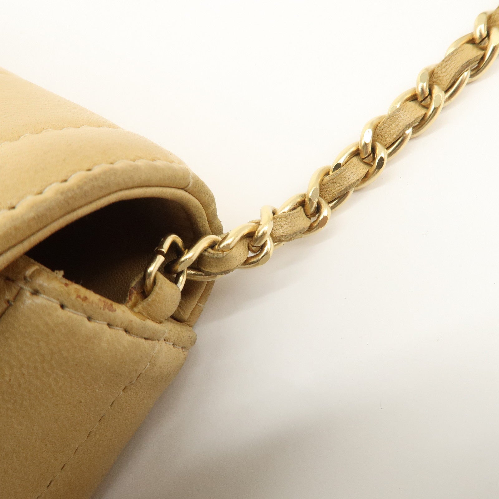 CHANEL Chocolate Bar Lamb Skin Chain Shoulder Bag Beige Gold Used