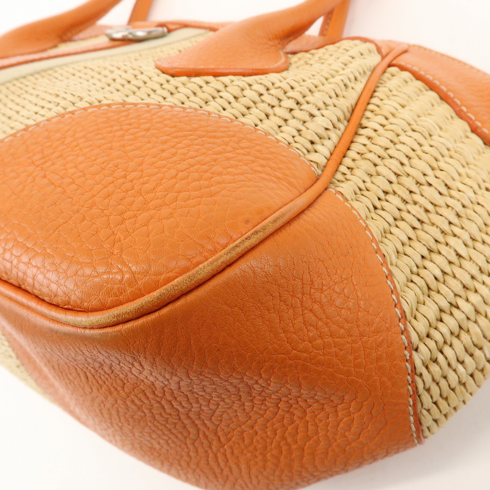 PRADA Triangle Logo Raffia Leather Shoulder Bag Natural Orange