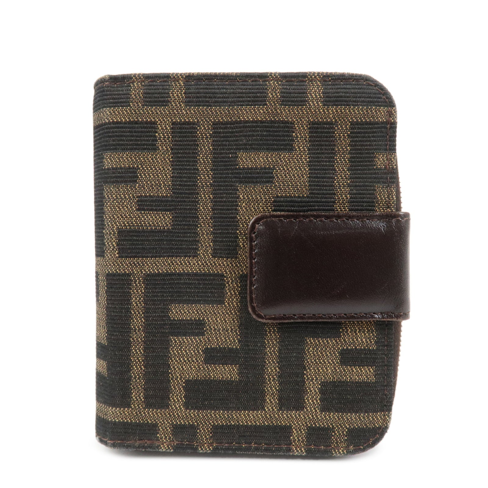 FENDI Zucca Canvas Leather Bi-fold Compact Wallet Brown Black 16348
