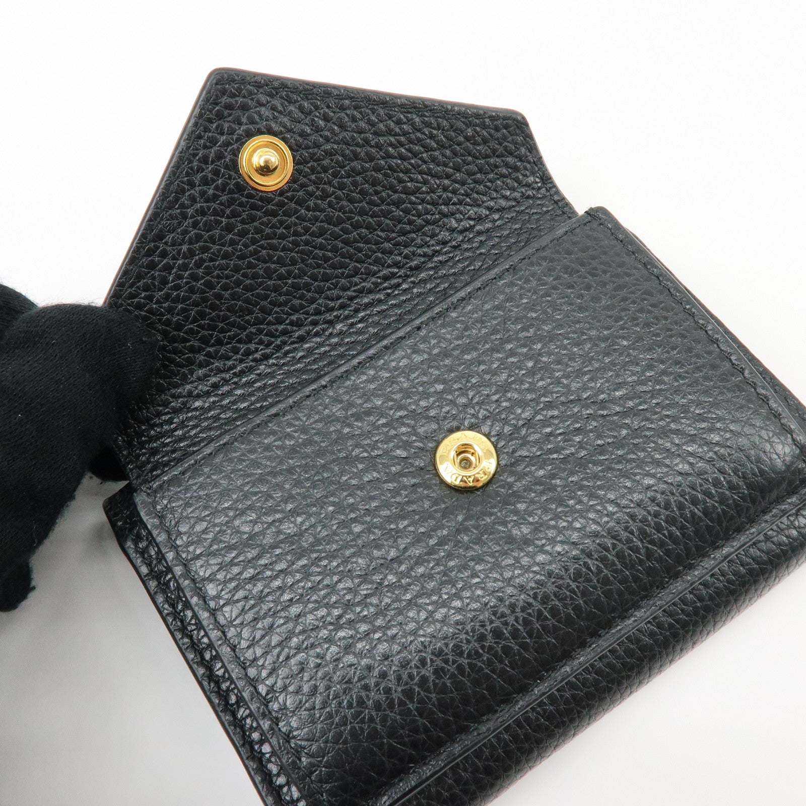 PRADA Logo Saffiano Leather Tri-fold Compact Wallet Black 1MH021