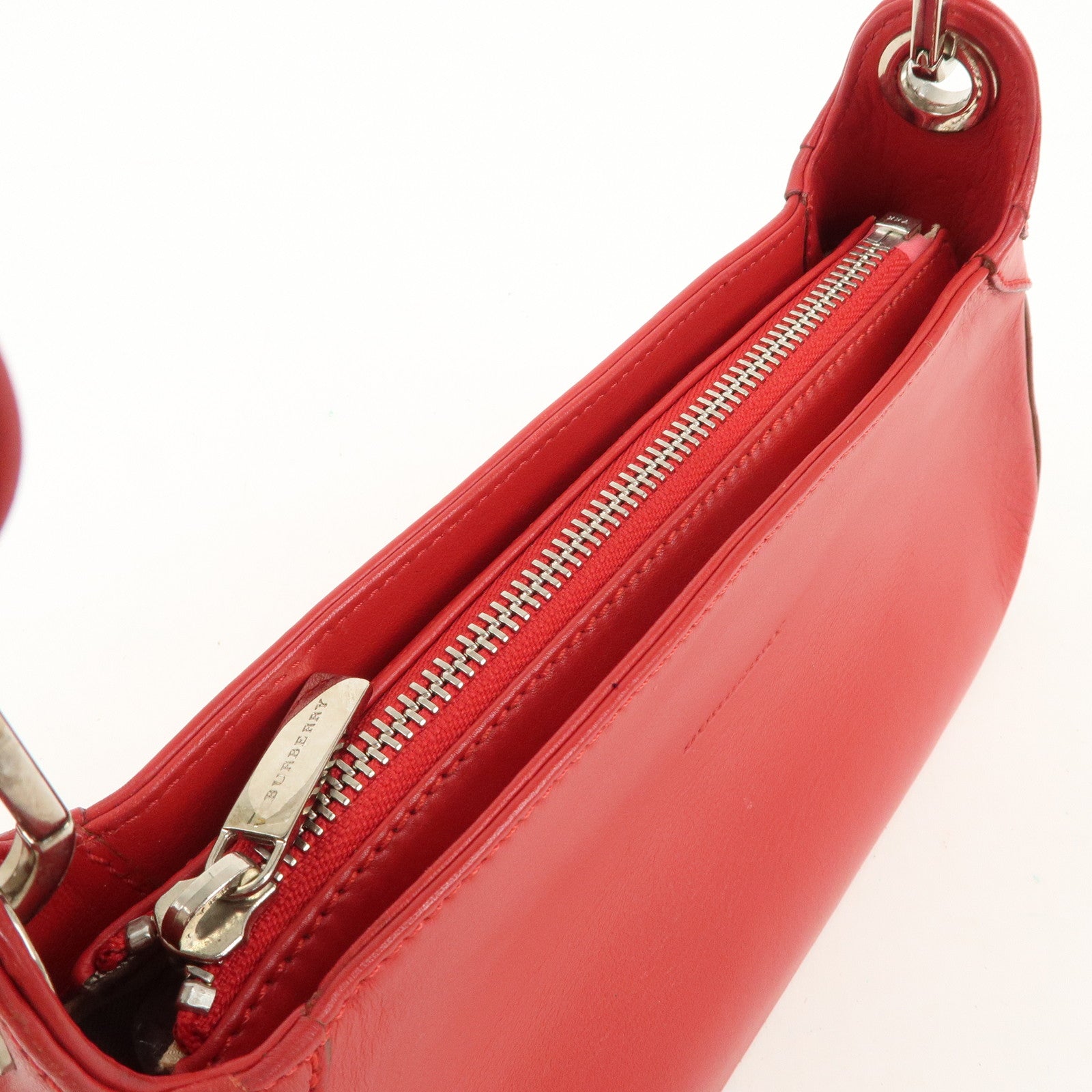 BURBERRY Logo Leather Shoulder Bag Mini Hand Bag Red Used