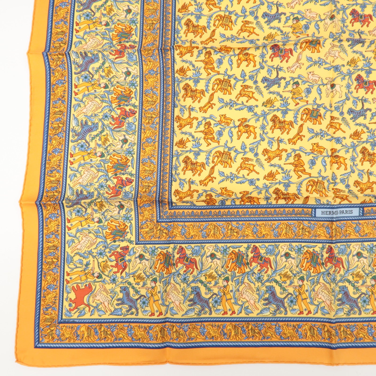 HERMES Carre 90 Silk 100% Scarf CHASSE EN INDE Orange Multicolor Used