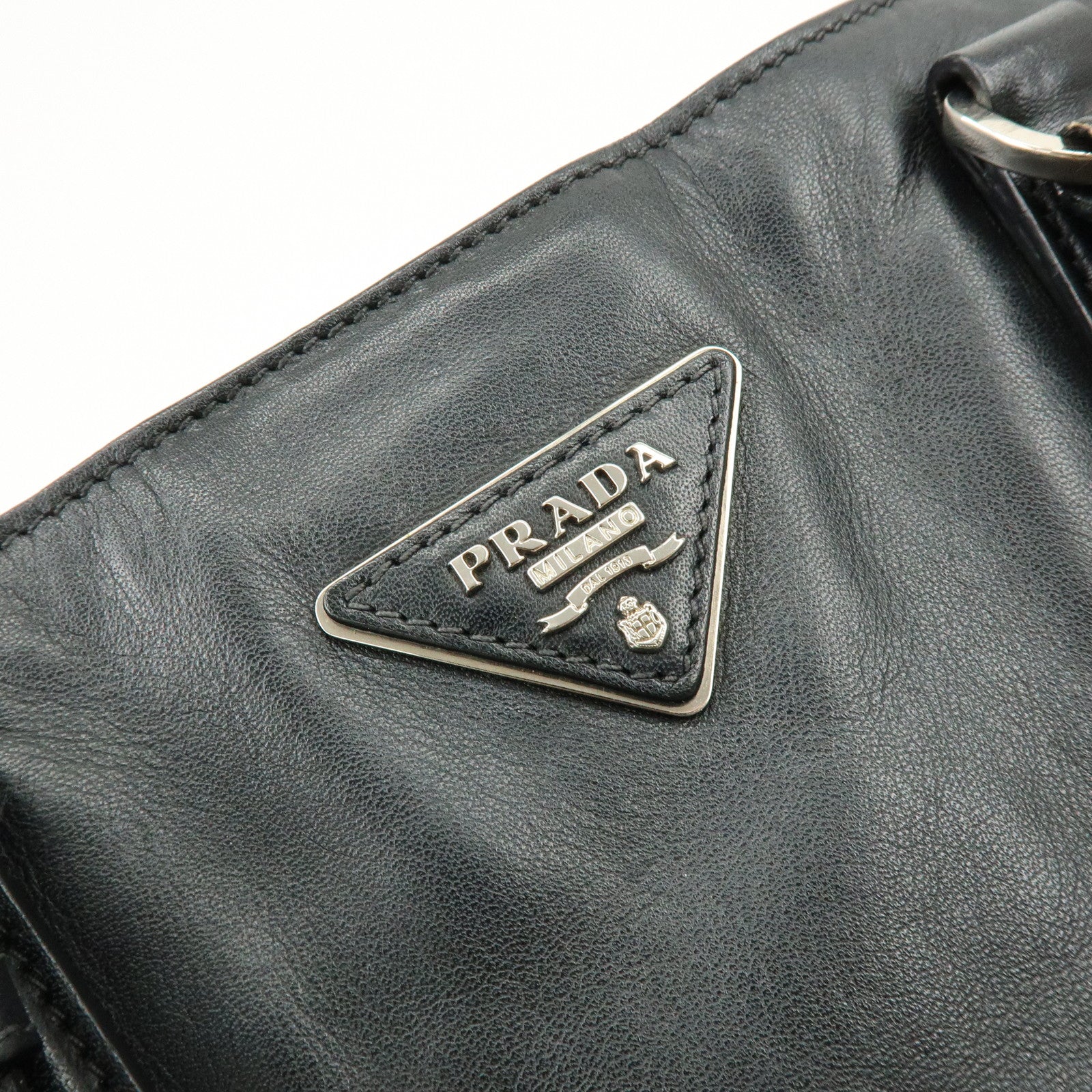 PRADA Triangle Logo Leather Tote Bag Shoulder Bag Black BR5033