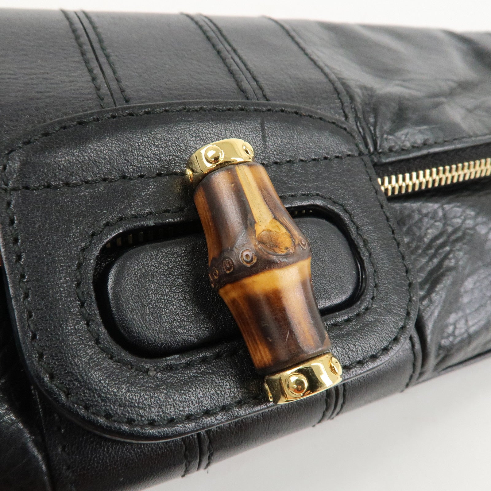 GUCCI Bamboo Leather Clutch Bag Black Gold Hardware 218496 Used