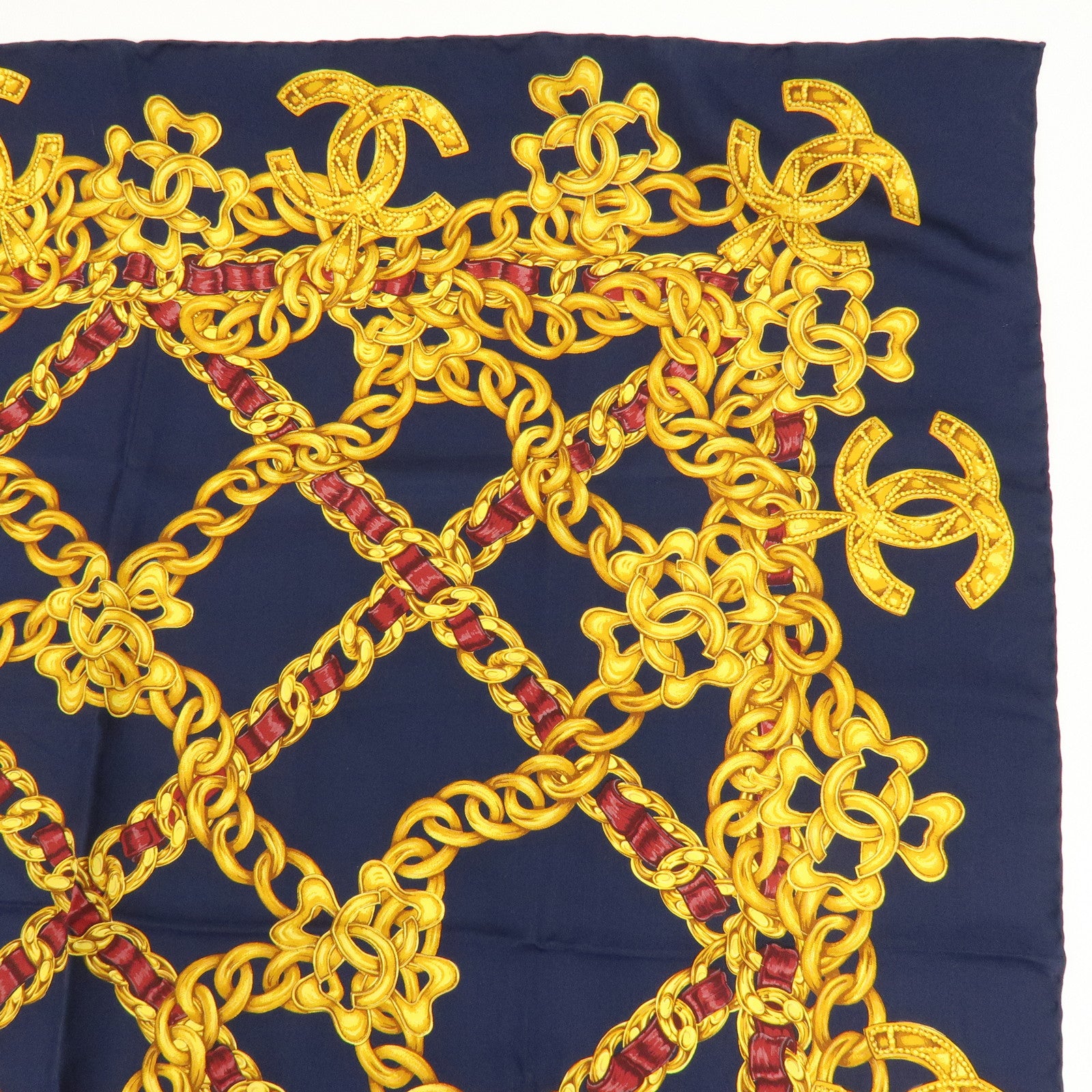 CHANEL Silk 100% Scarf COCO Mark Chain Motif Navy Gold