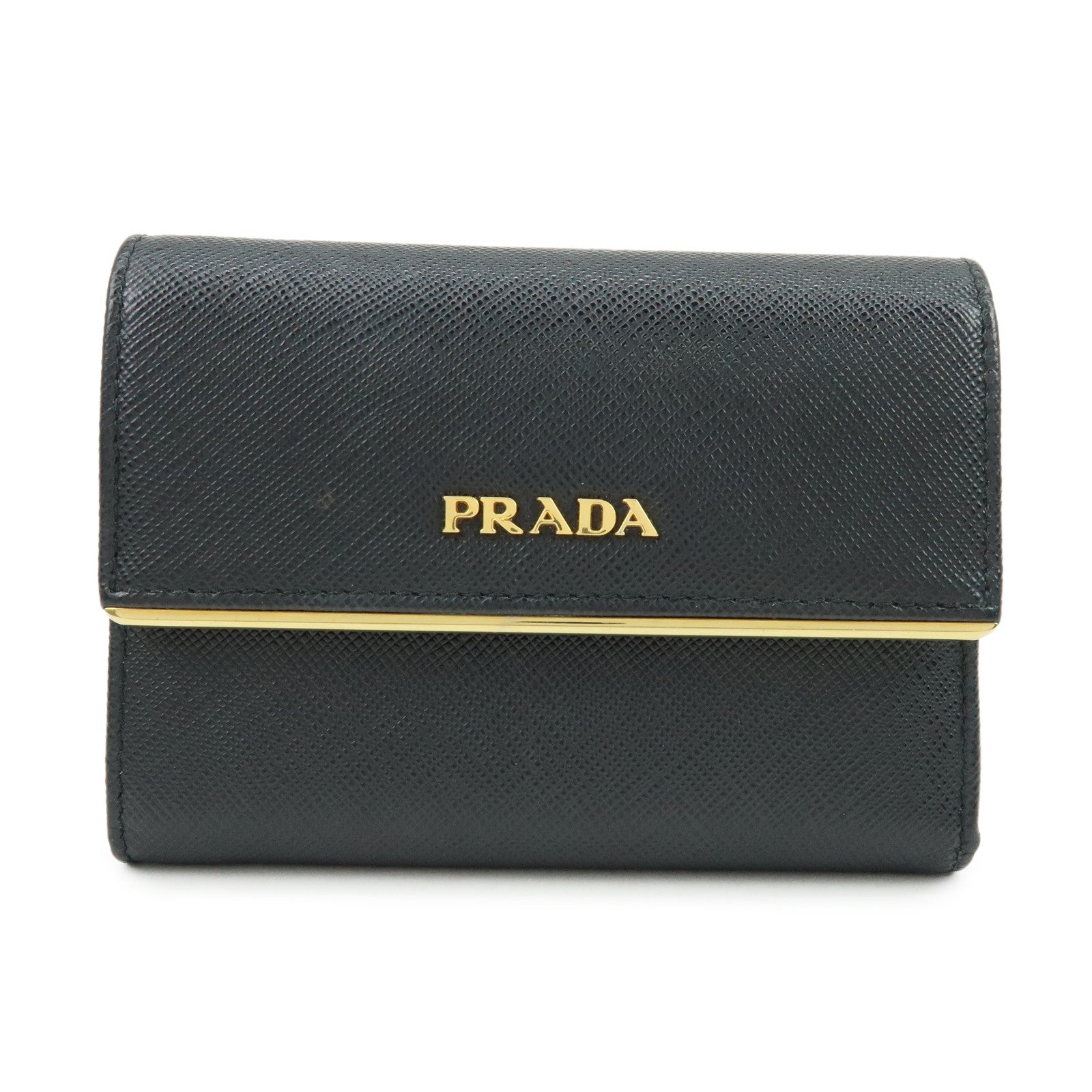PRADA Saffiano Leather Bi-fold Compact Wallet Black Gold 1MH840